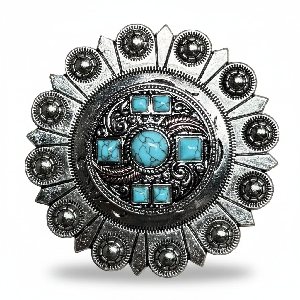 Antique Silver Turquoise and Feather Western Concho W251 — view 5