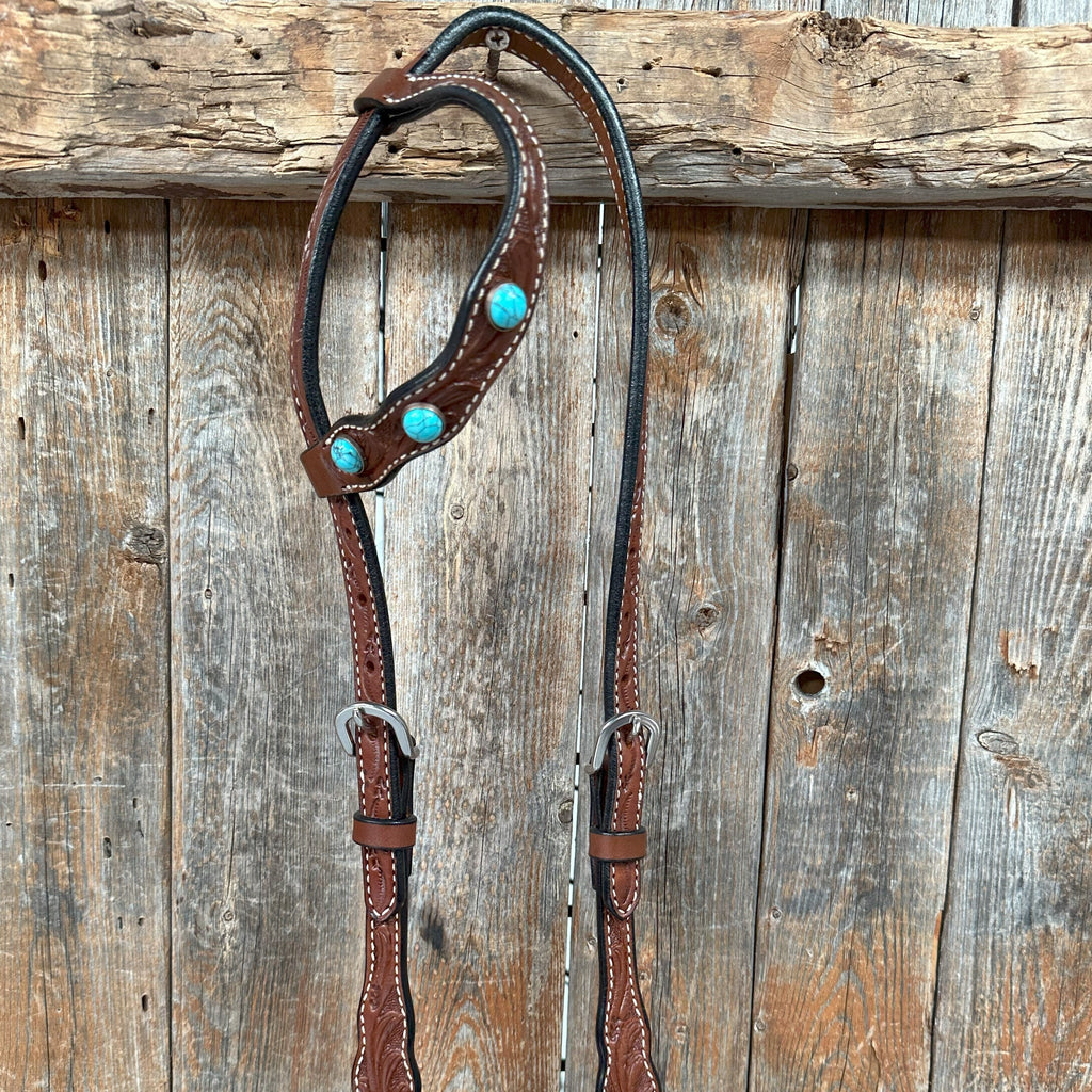 Medium Oil Floral Rosettes and Turquoise One Ear/ Breastcollar Tack Set #OEBC566 — view 3