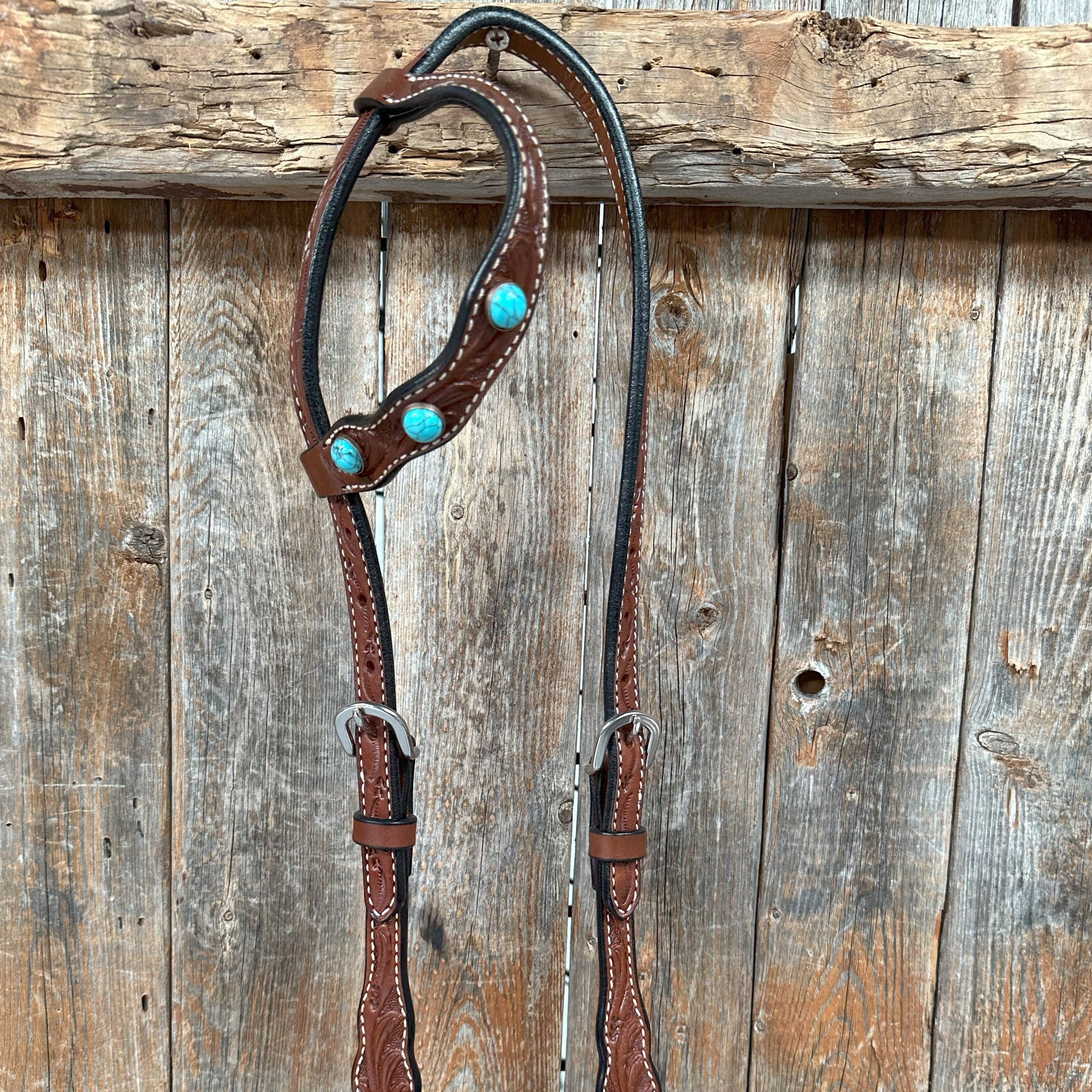 Medium Oil Floral Rosettes and Turquoise One Ear/ Breastcollar Tack Set #OEBC566 — view 3