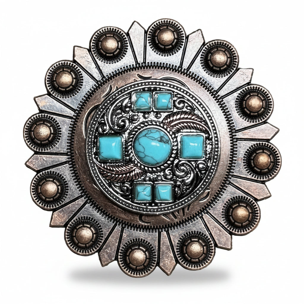 Antique Silver Turquoise and Feather Western Concho W251 — view 4