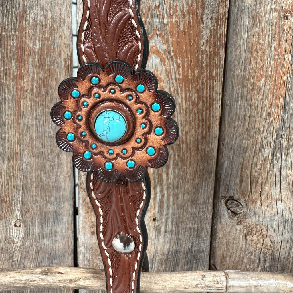 Medium Oil Floral Rosettes and Turquoise One Ear/ Breastcollar Tack Set #OEBC566 — view 5