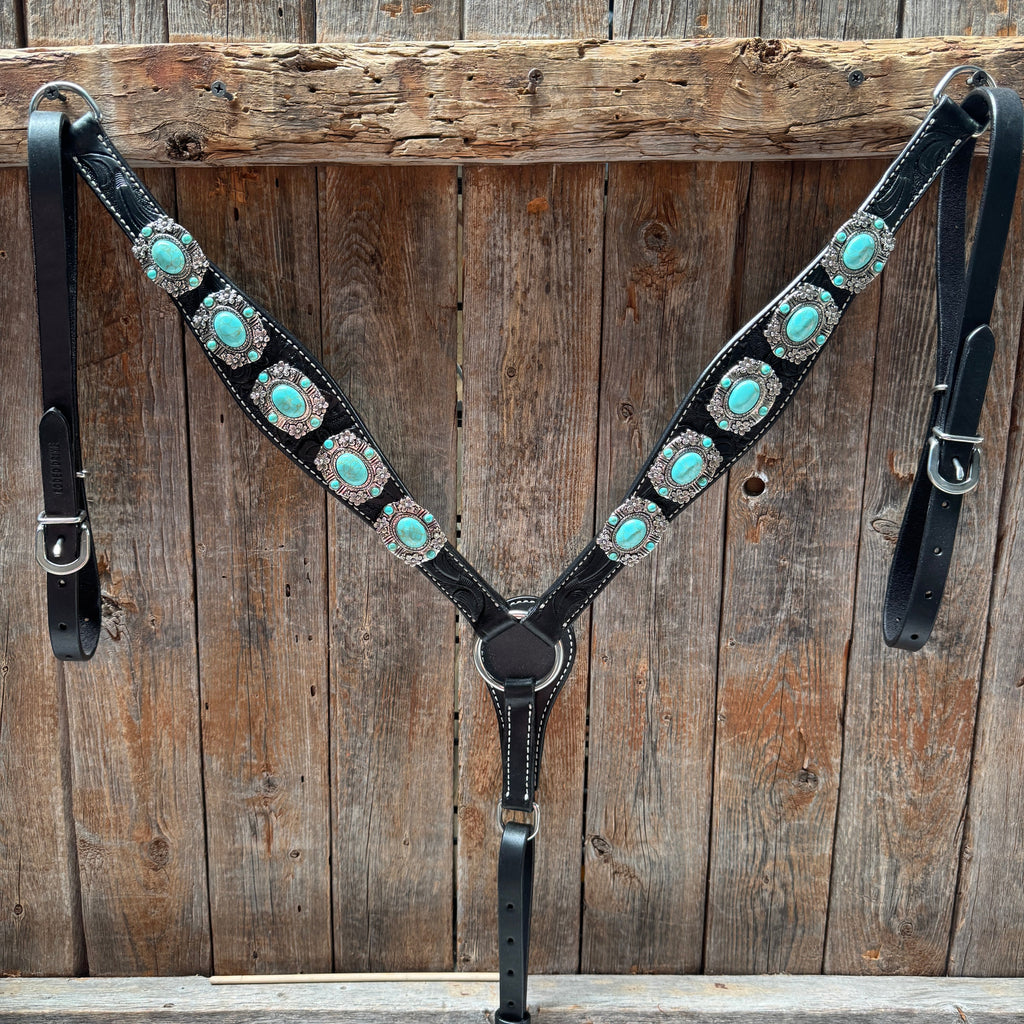 Black Leather V Brow Turquoise Browband Tack Set #BBBC526 — view 3