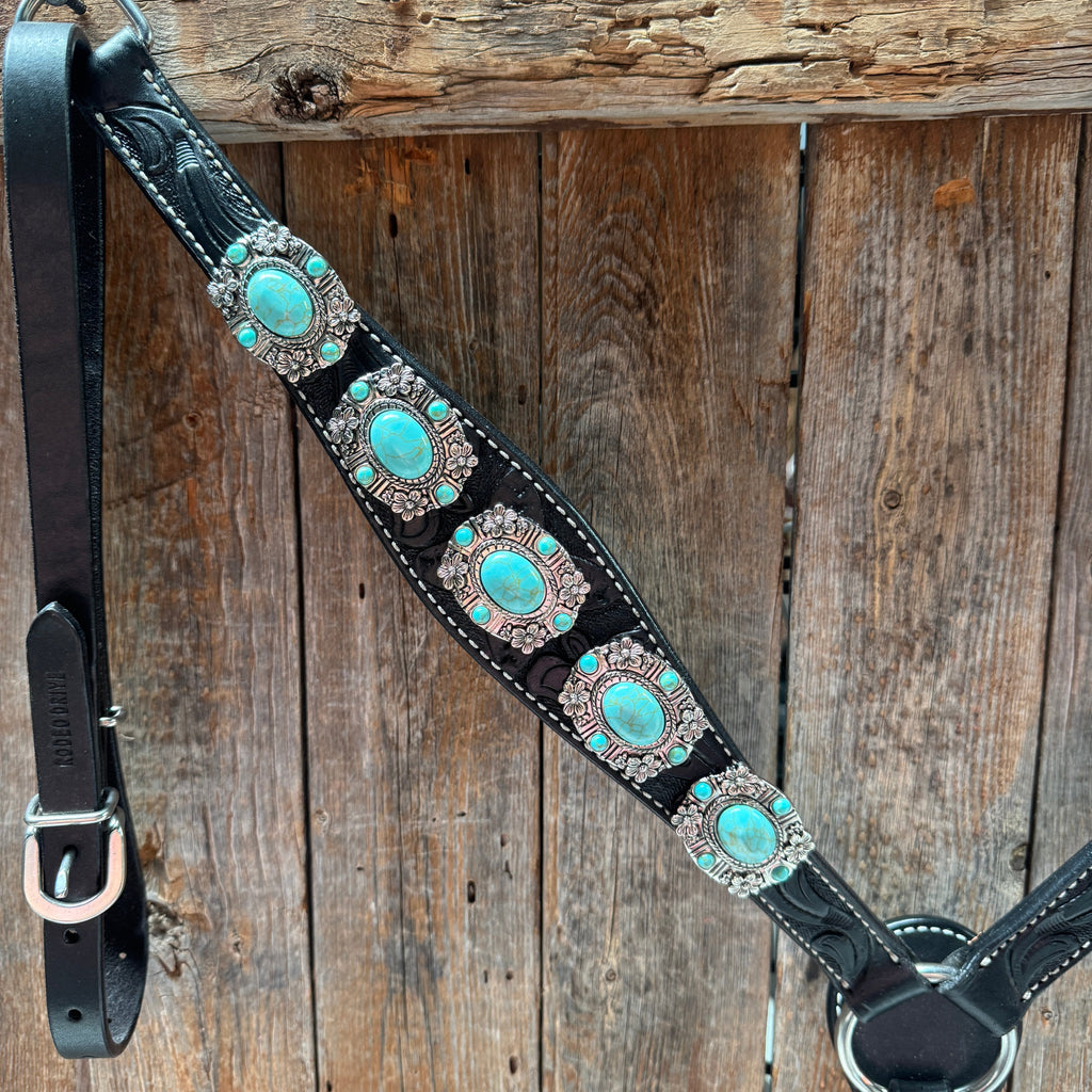 Black Leather V Brow Turquoise Browband Tack Set #BBBC526 — view 6