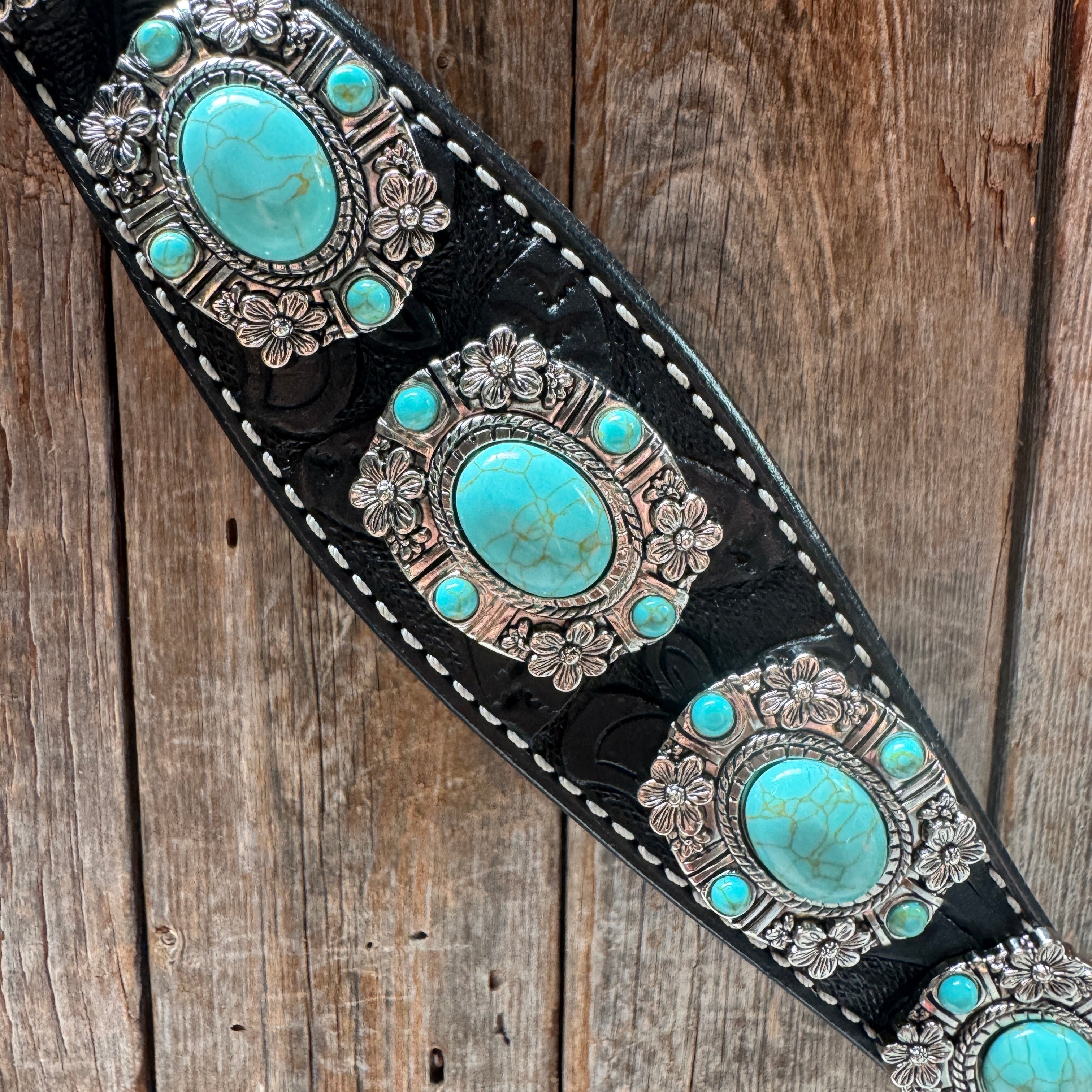 Black Leather V Brow Turquoise Browband Tack Set #BBBC526 — view 7