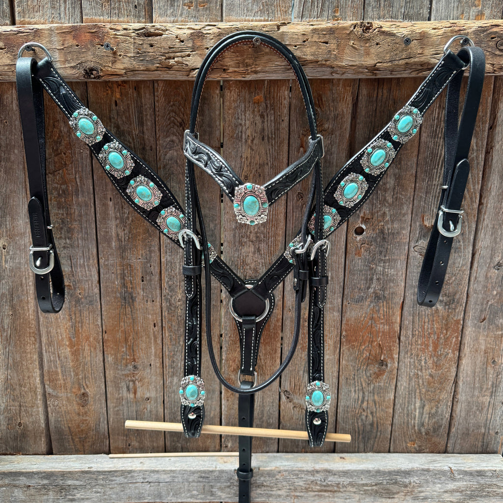 Black Leather V Brow Turquoise Browband Tack Set #BBBC526