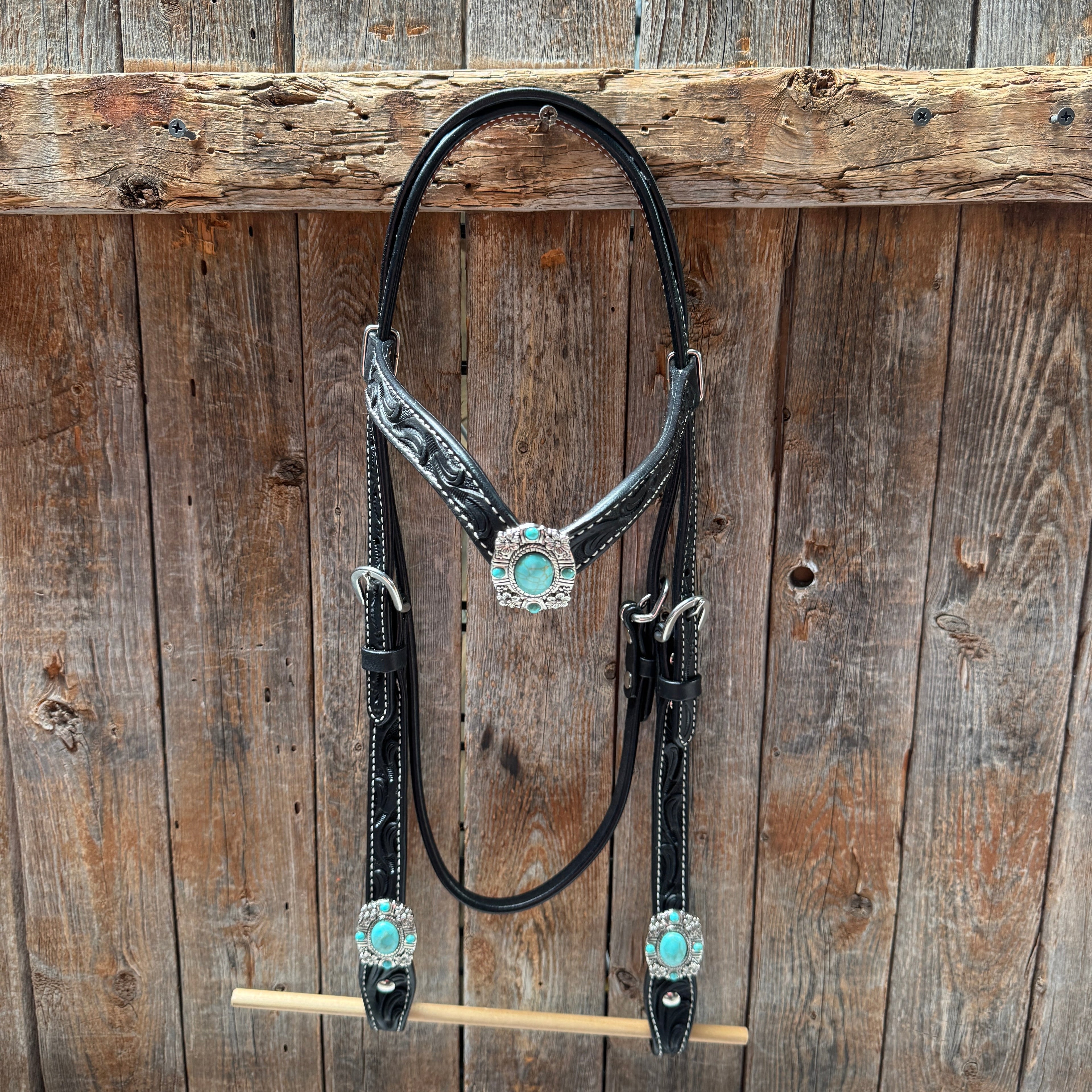 Black Leather V Brow Turquoise Browband Tack Set #BBBC526 — view 2