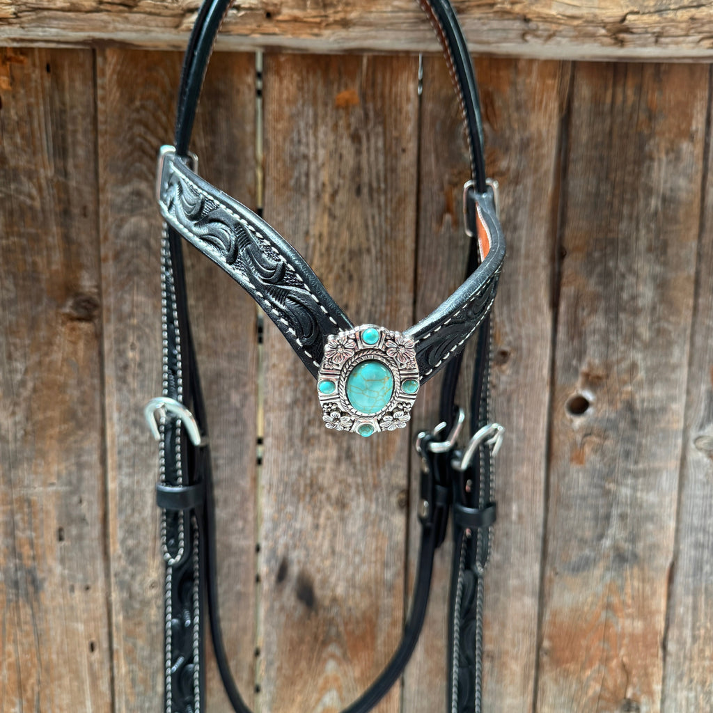Black Leather V Brow Turquoise Browband Tack Set #BBBC526 — view 4