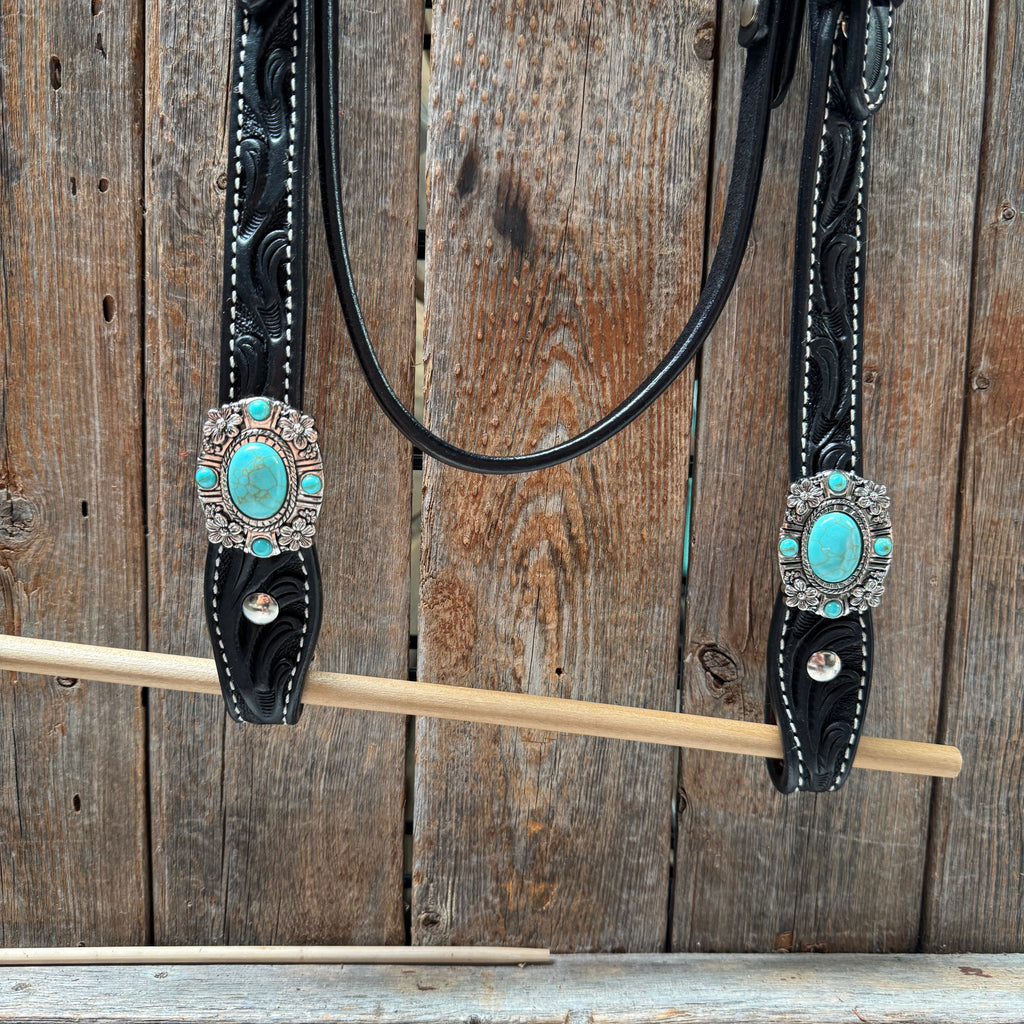 Black Leather V Brow Turquoise Browband Tack Set #BBBC526 — view 5