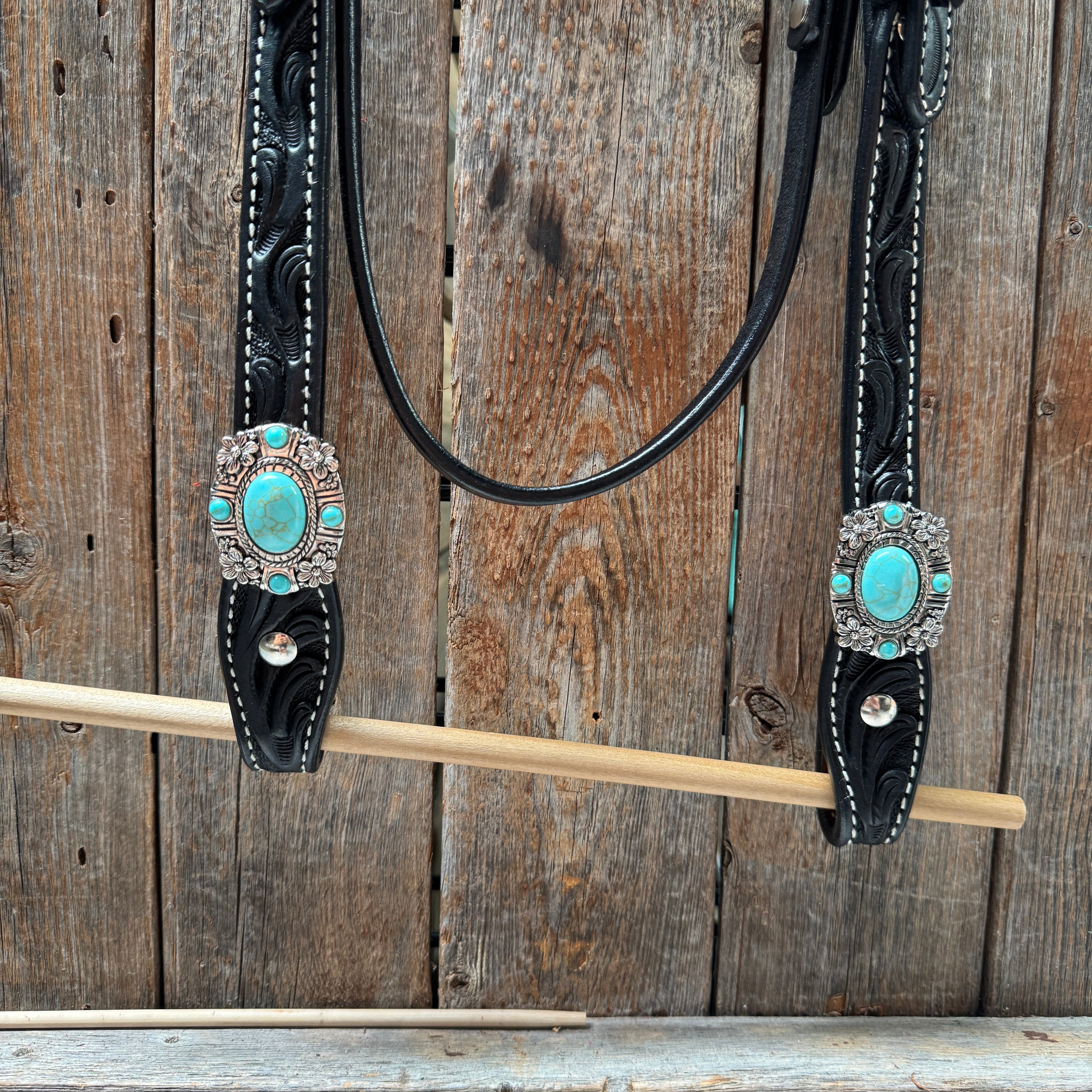 Black Leather V Brow Turquoise Browband Tack Set #BBBC526 — view 5