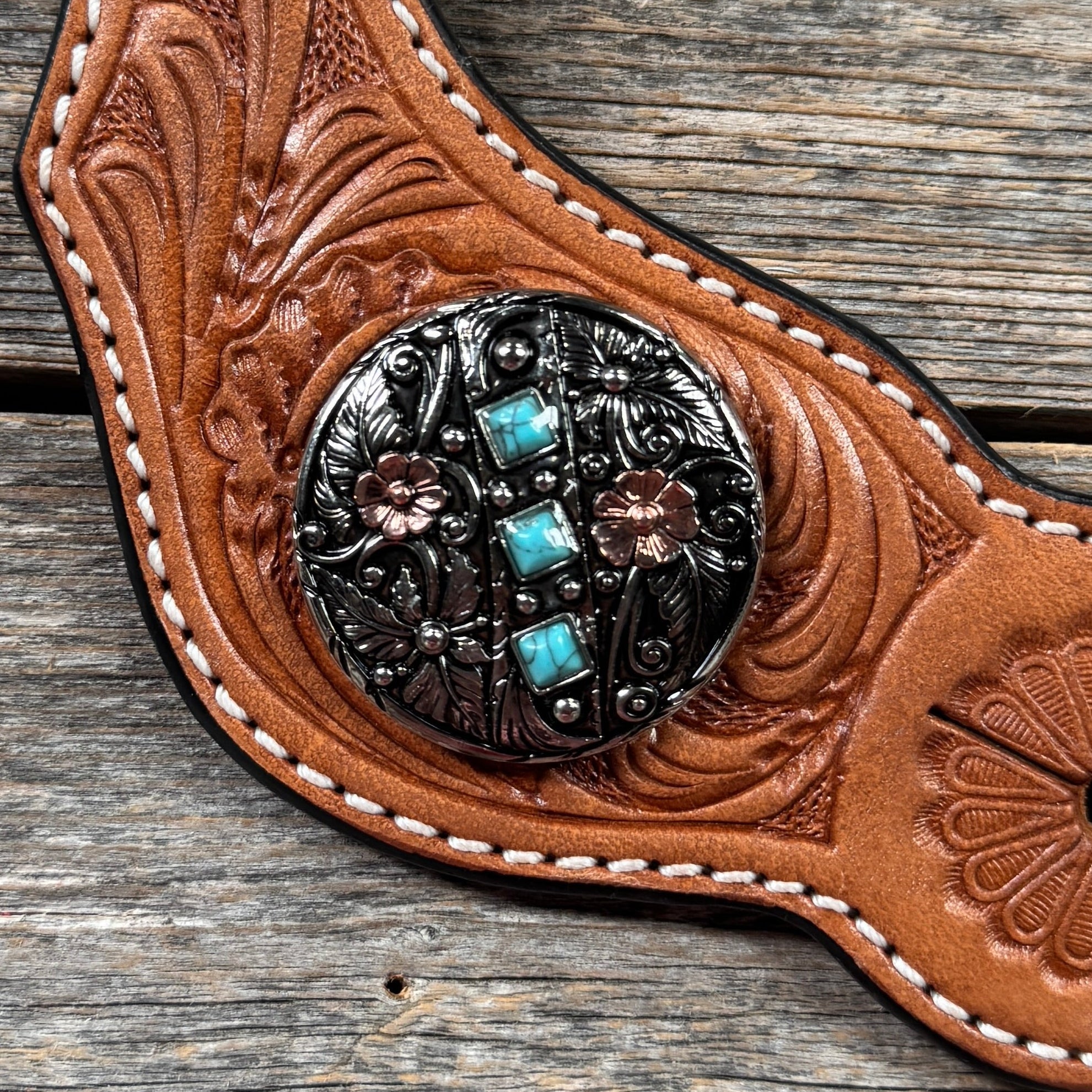 Light Oil Floral Spur Straps | Antique Silver and Copper Conchos #SS145 — view 2