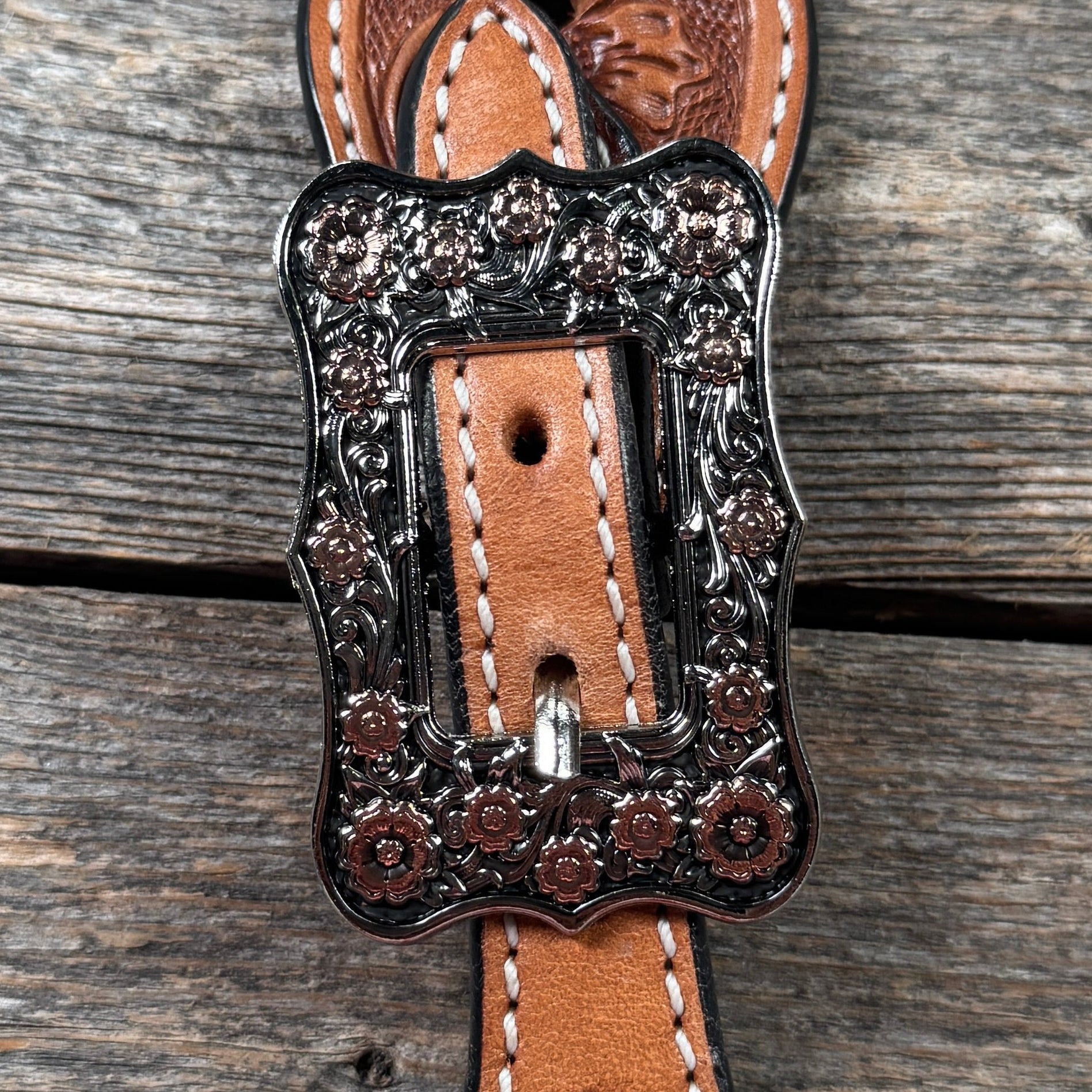 Light Oil Floral Spur Straps | Antique Silver and Copper Conchos #SS145 — view 3