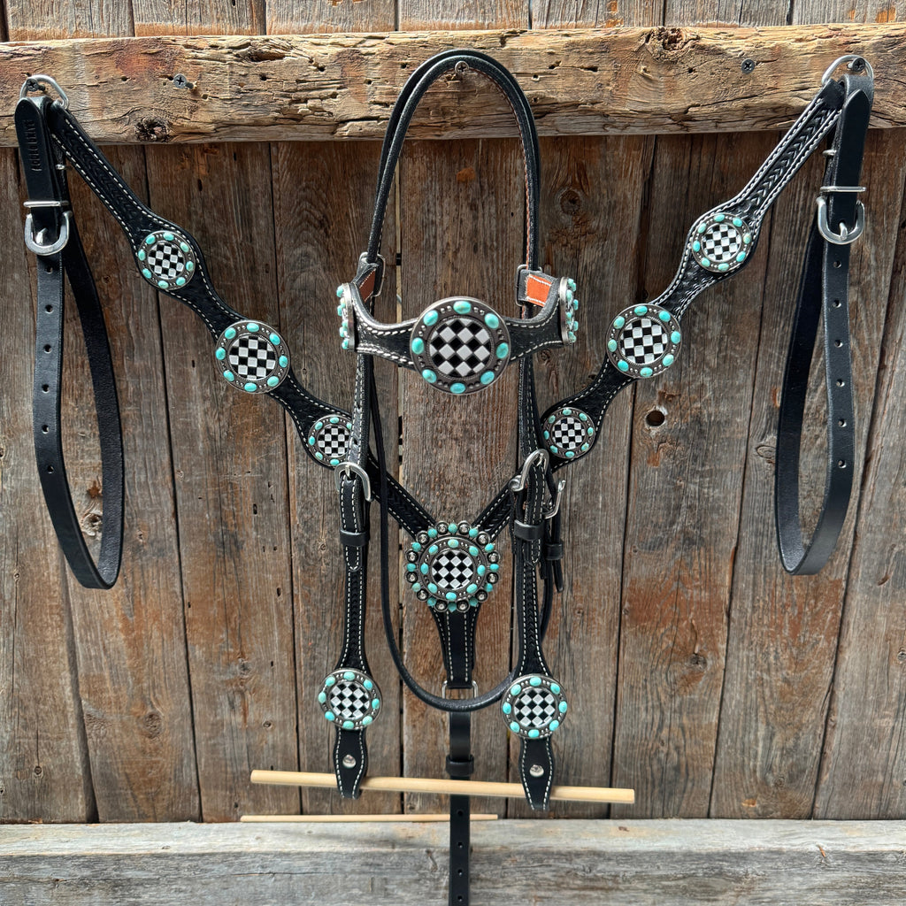 Black Basketweave Checkered and Turquoise Browband | One Ear Tack Set #BBBC523