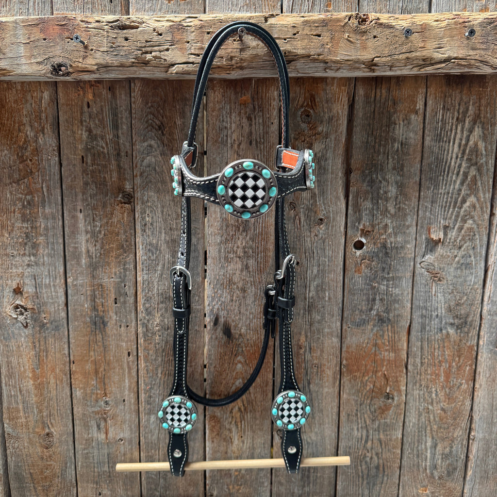 Black Basketweave Checkered and Turquoise Browband | One Ear Tack Set #BBBC523 — view 3