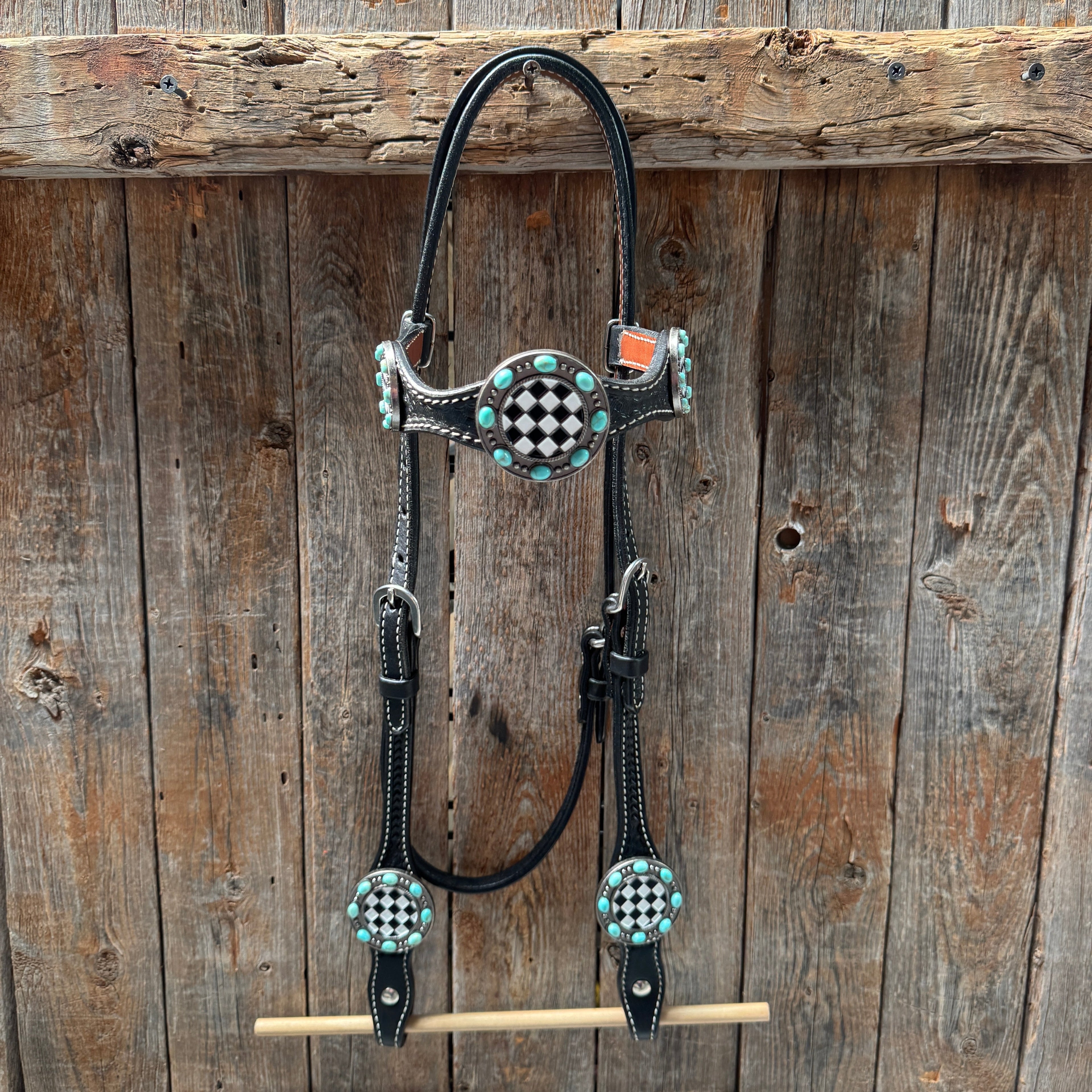 Black Basketweave Checkered and Turquoise Browband | One Ear Tack Set #BBBC523 — view 3