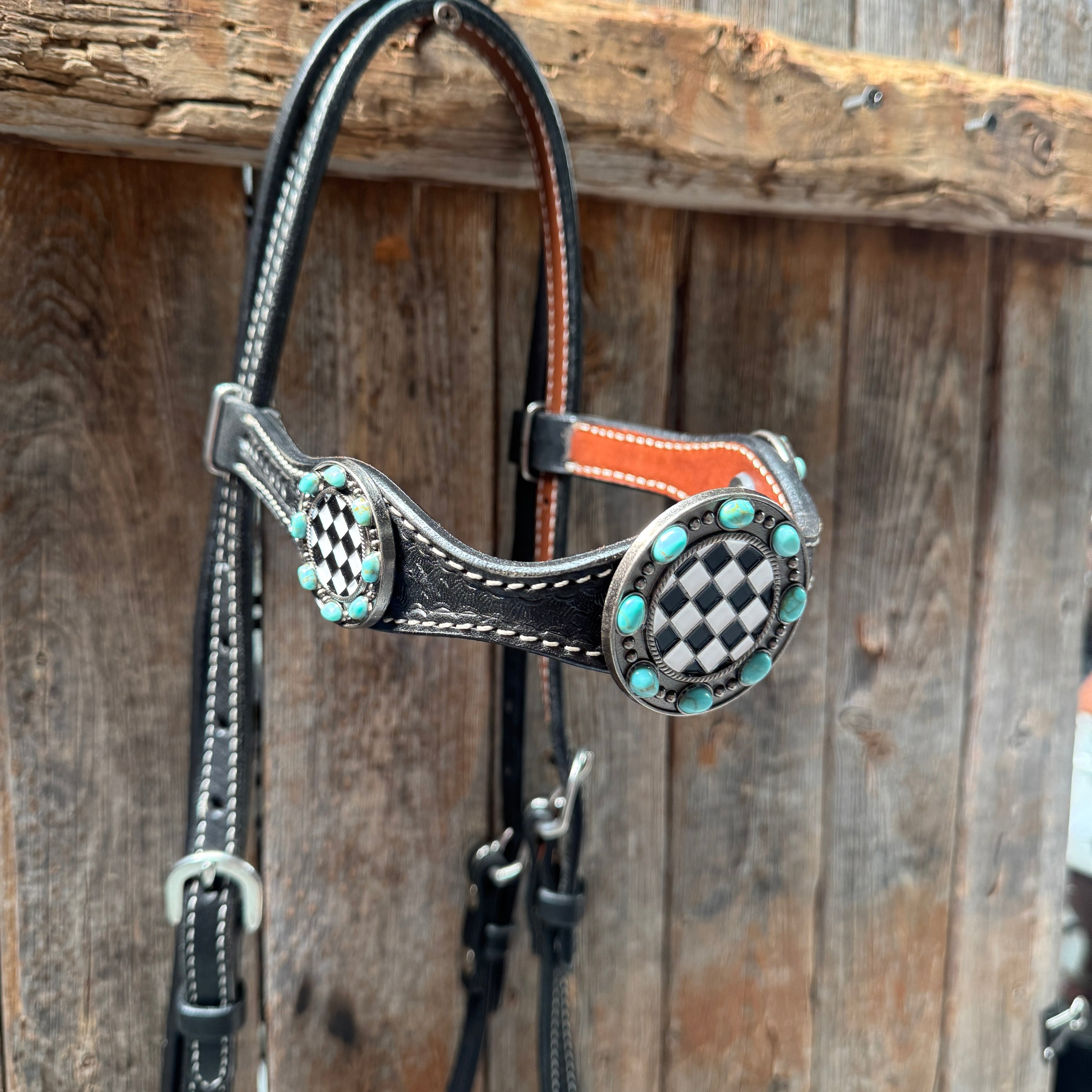Black Basketweave Checkered and Turquoise Browband | One Ear Tack Set #BBBC523 — view 6