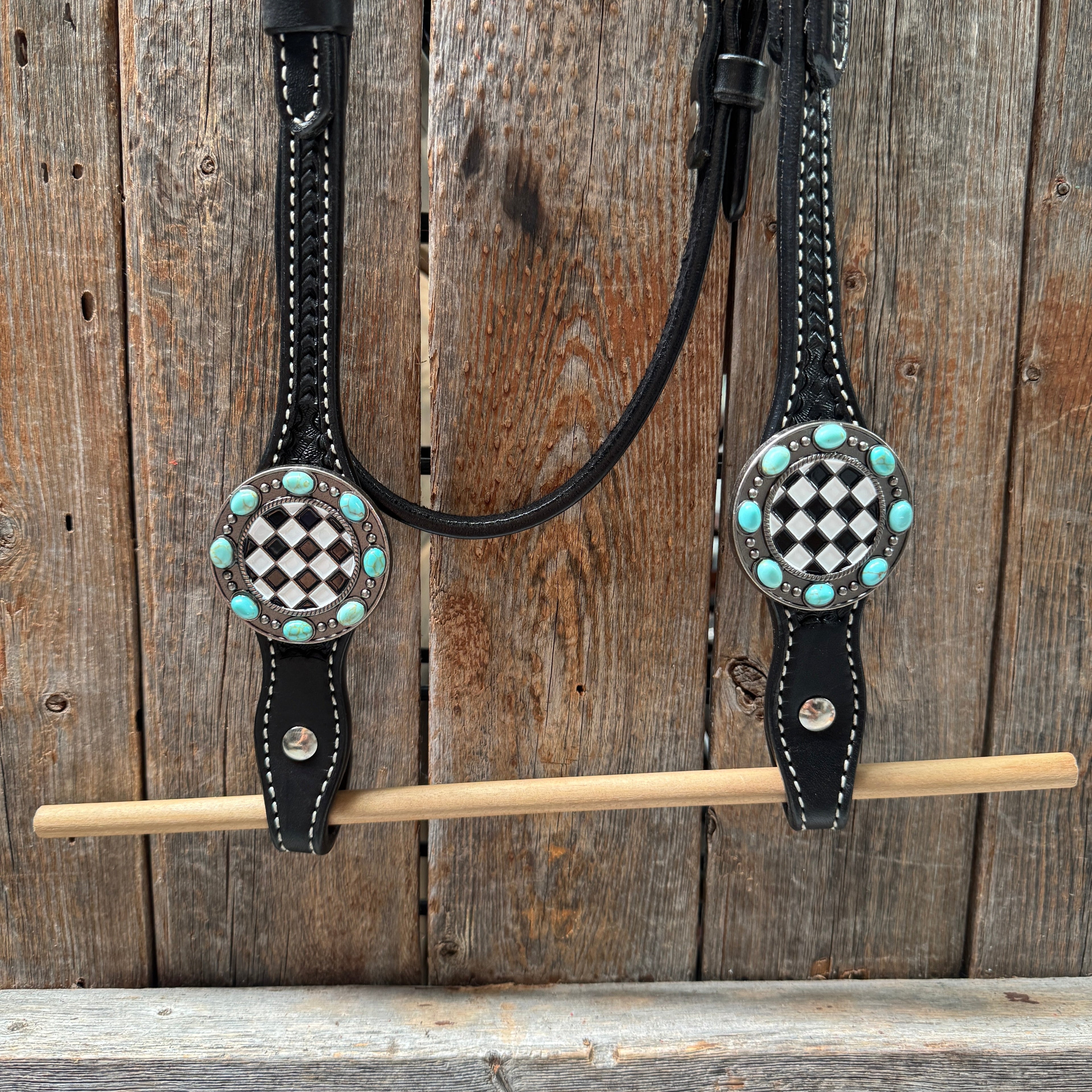 Black Basketweave Checkered and Turquoise Browband | One Ear Tack Set #BBBC523 — view 8