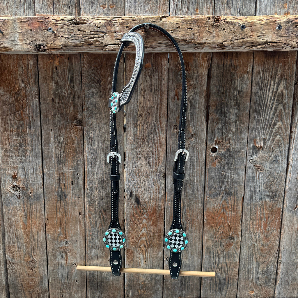 Black Basketweave Checkered and Turquoise Browband | One Ear Tack Set #BBBC523 — view 4