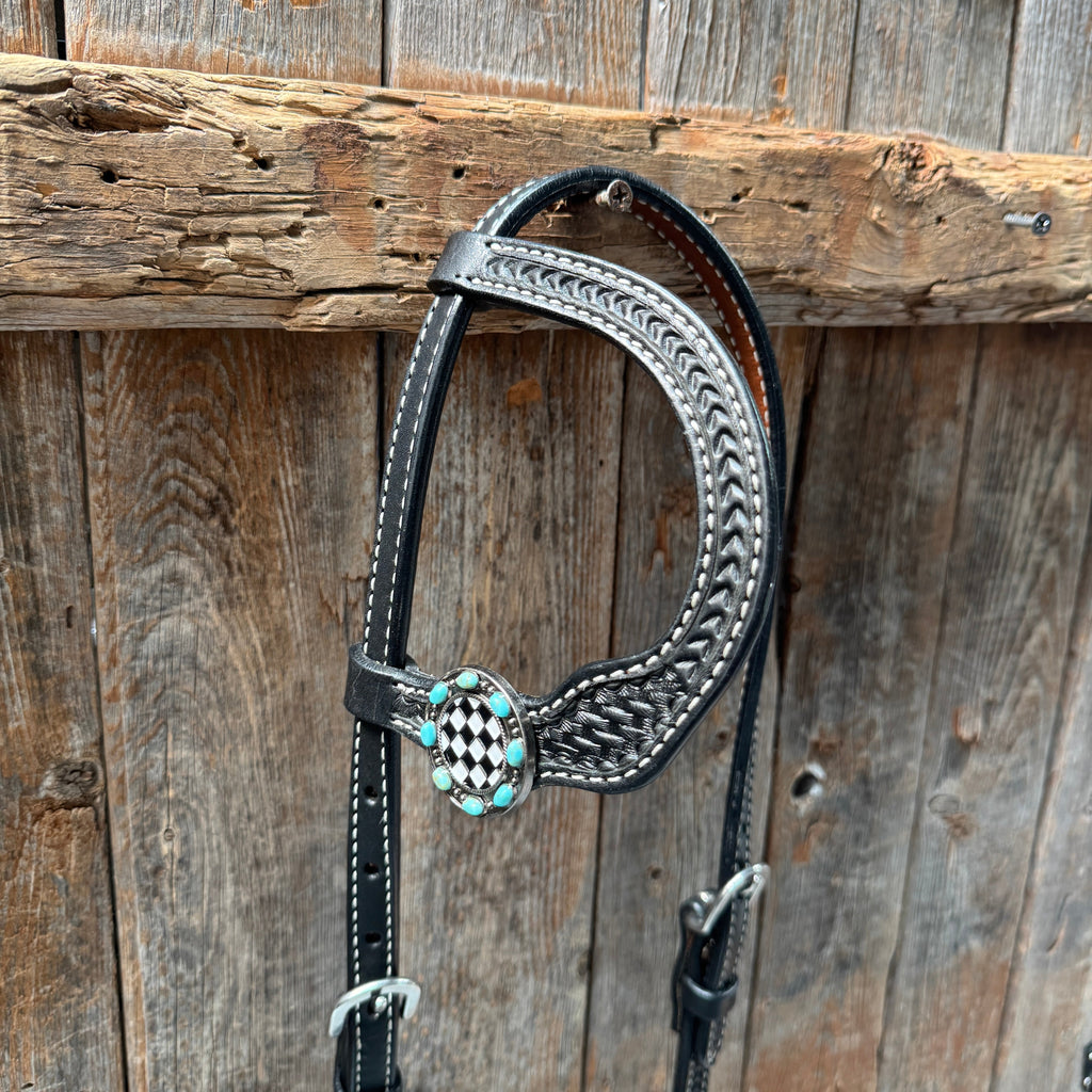 Black Basketweave Checkered and Turquoise Browband | One Ear Tack Set #BBBC523 — view 7