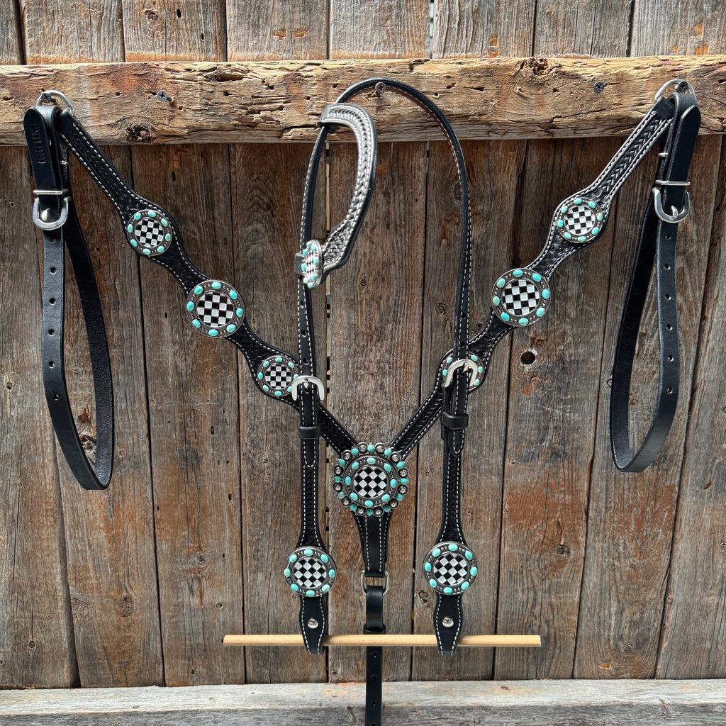 Black Basketweave Checkered and Turquoise Browband | One Ear Tack Set #BBBC523 — view 2