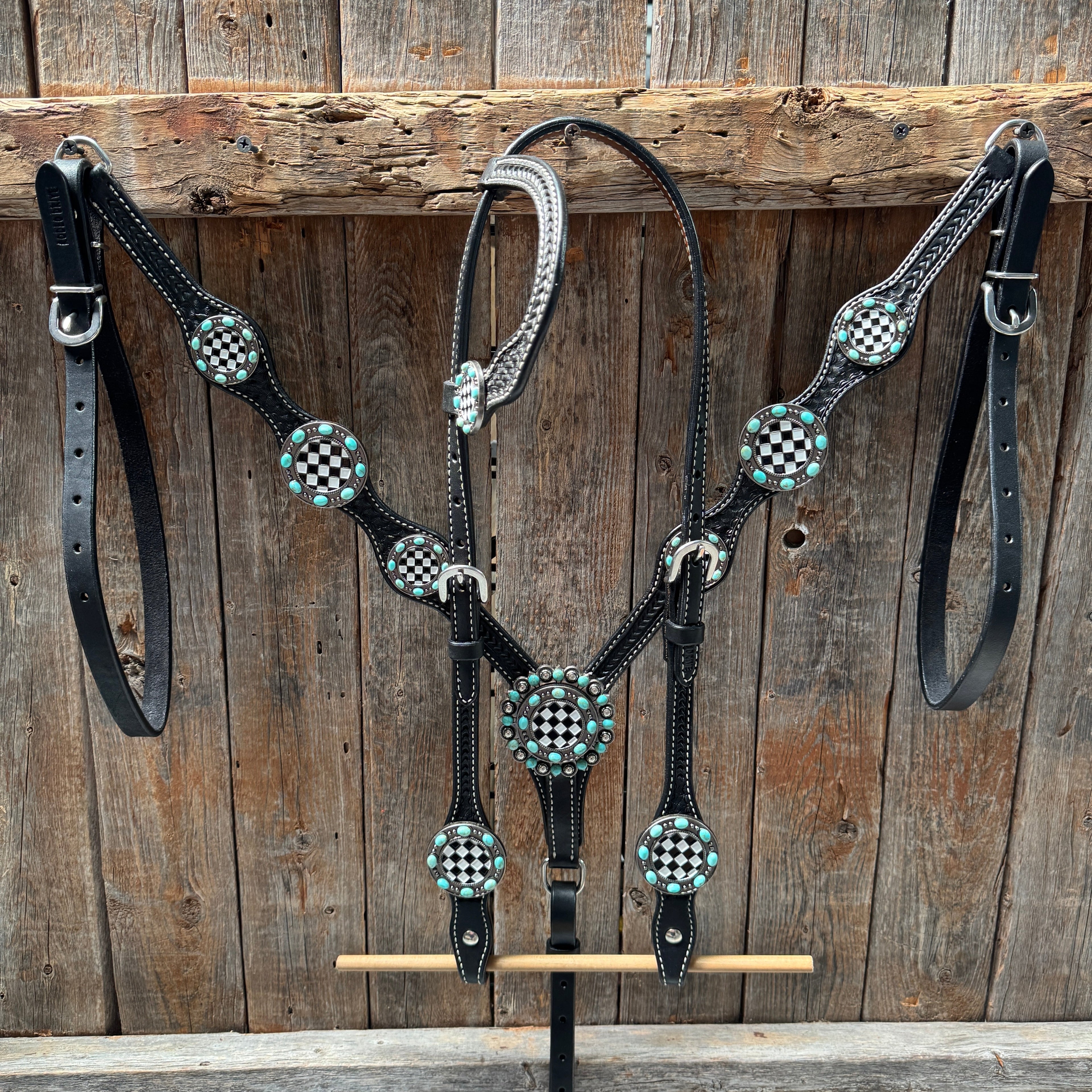 Black Basketweave Checkered and Turquoise Browband | One Ear Tack Set #BBBC523 — view 2