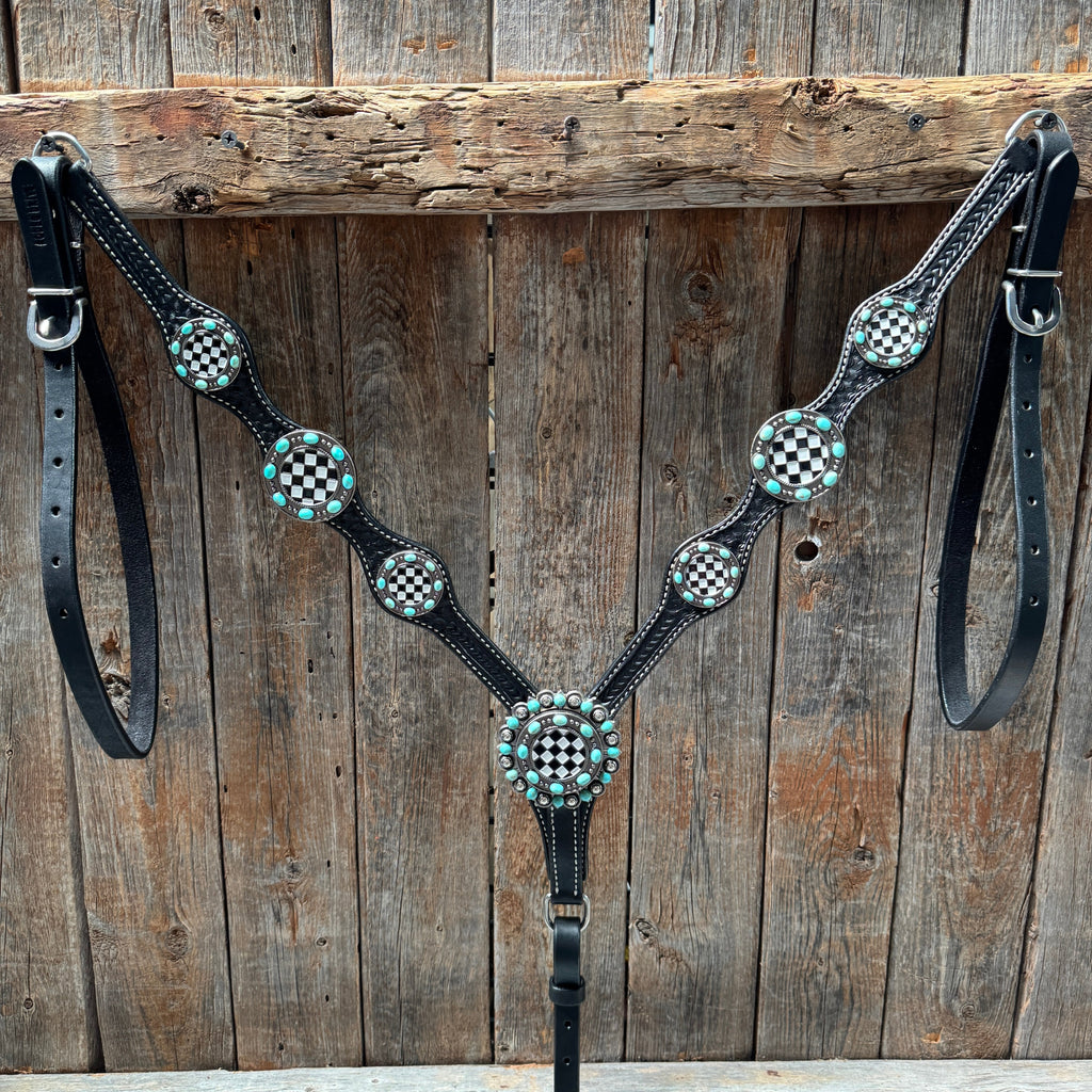 Black Basketweave Checkered and Turquoise Browband | One Ear Tack Set #BBBC523 — view 5