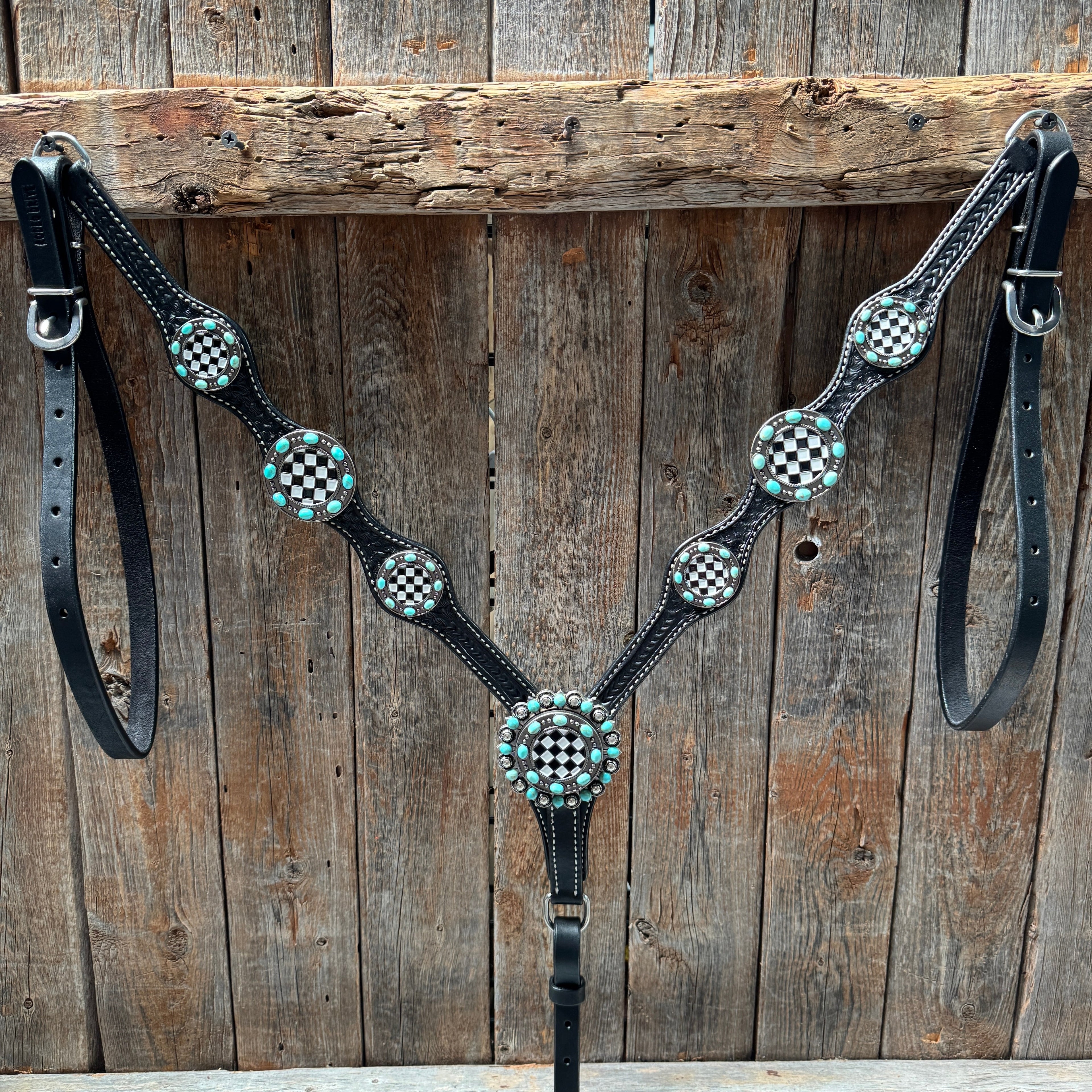 Black Basketweave Checkered and Turquoise Browband | One Ear Tack Set #BBBC523 — view 5