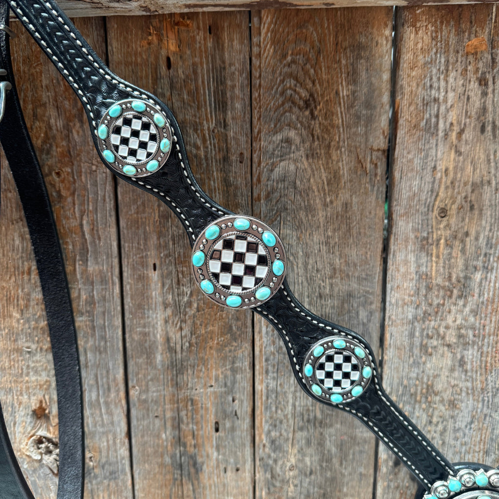Black Basketweave Checkered and Turquoise Browband | One Ear Tack Set #BBBC523 — view 9