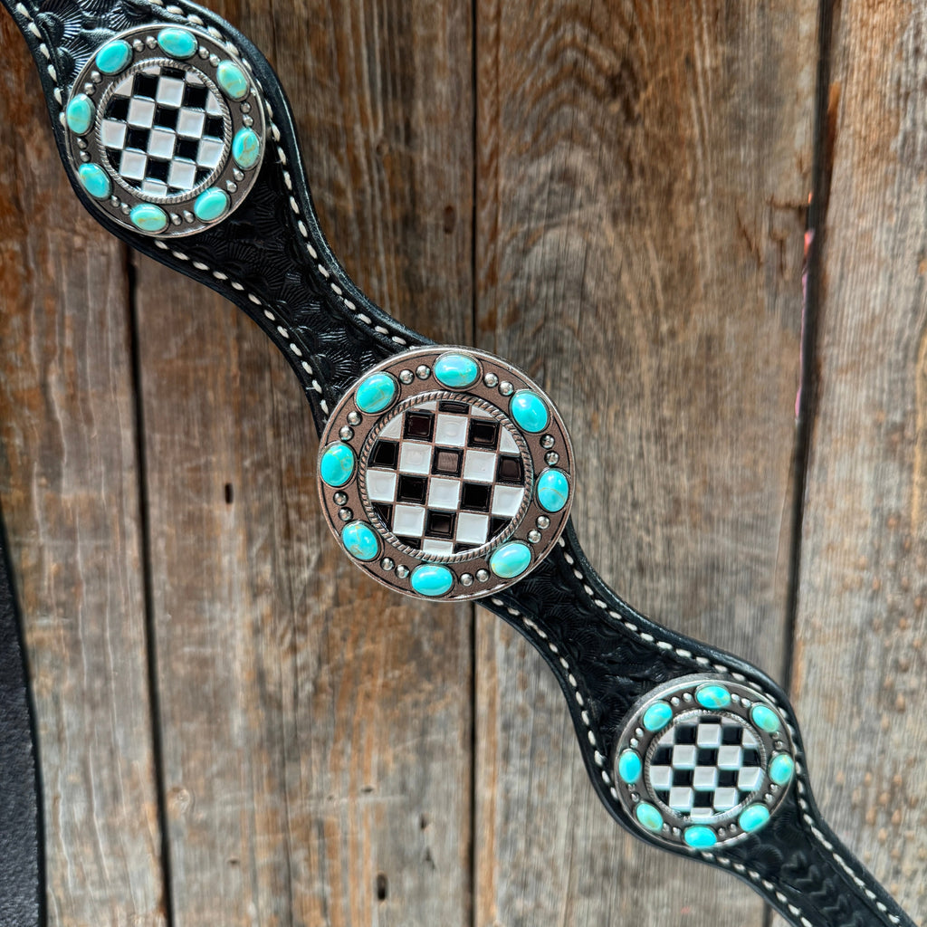 Black Basketweave Checkered and Turquoise Browband | One Ear Tack Set #BBBC523 — view 10