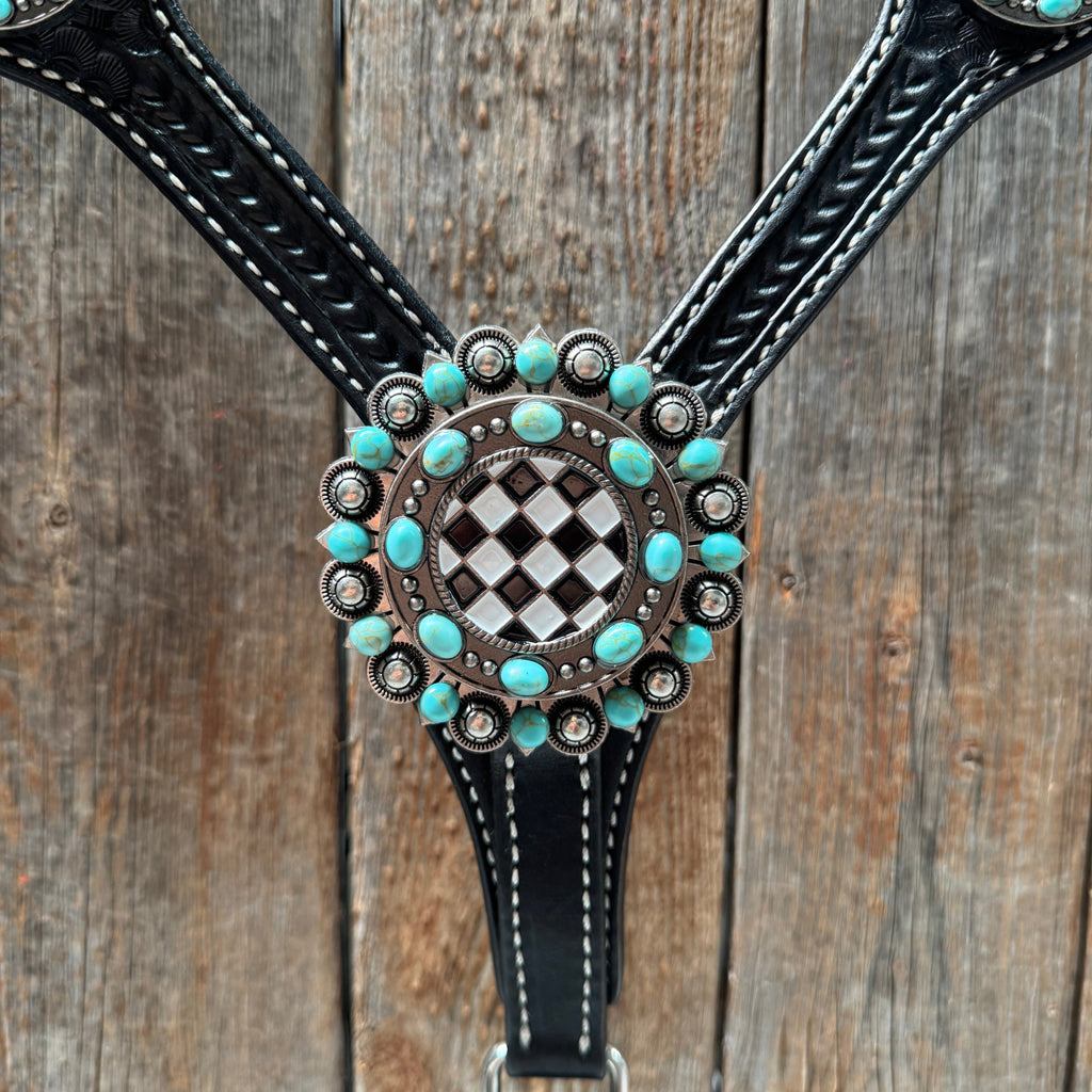 Black Basketweave Checkered and Turquoise Browband | One Ear Tack Set #BBBC523 — view 11