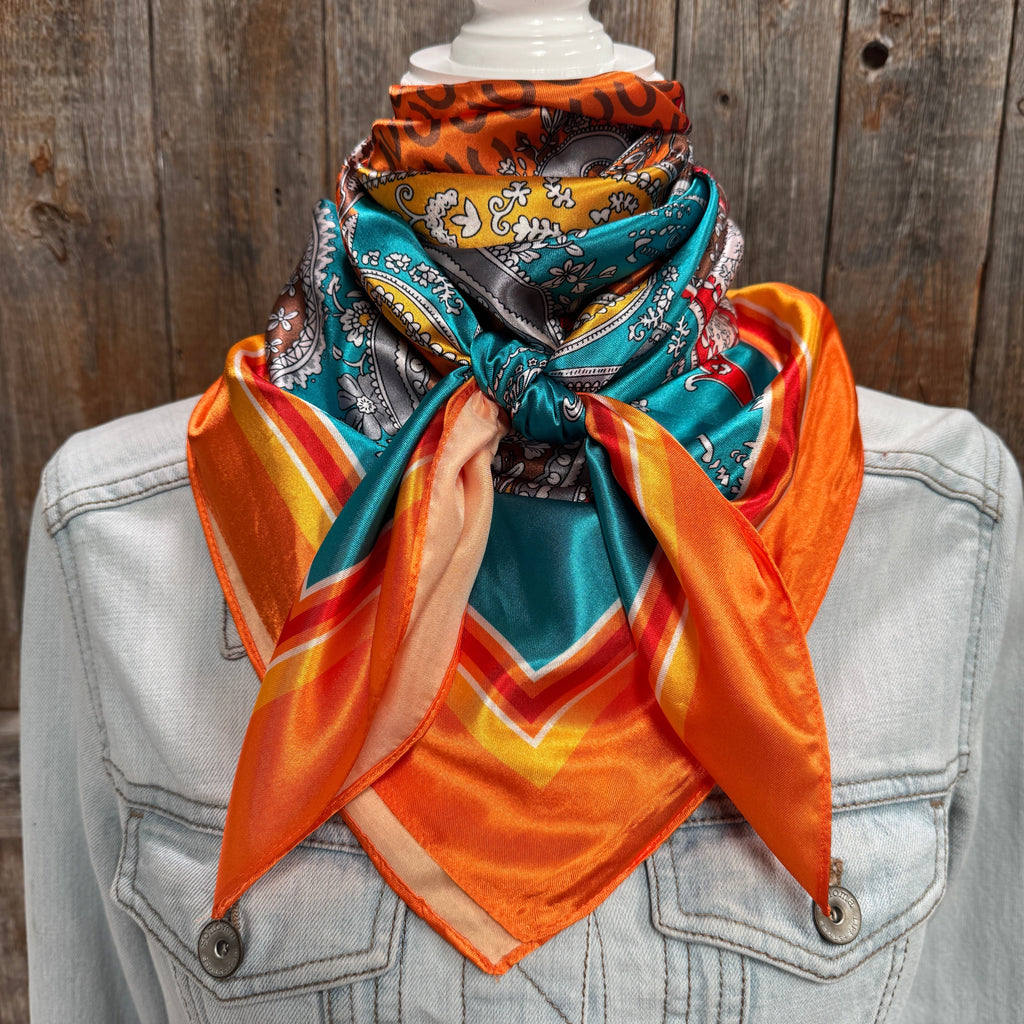 Orange and Turquoise Horse Shoe Paisley Wild Rag - Western Scarf
