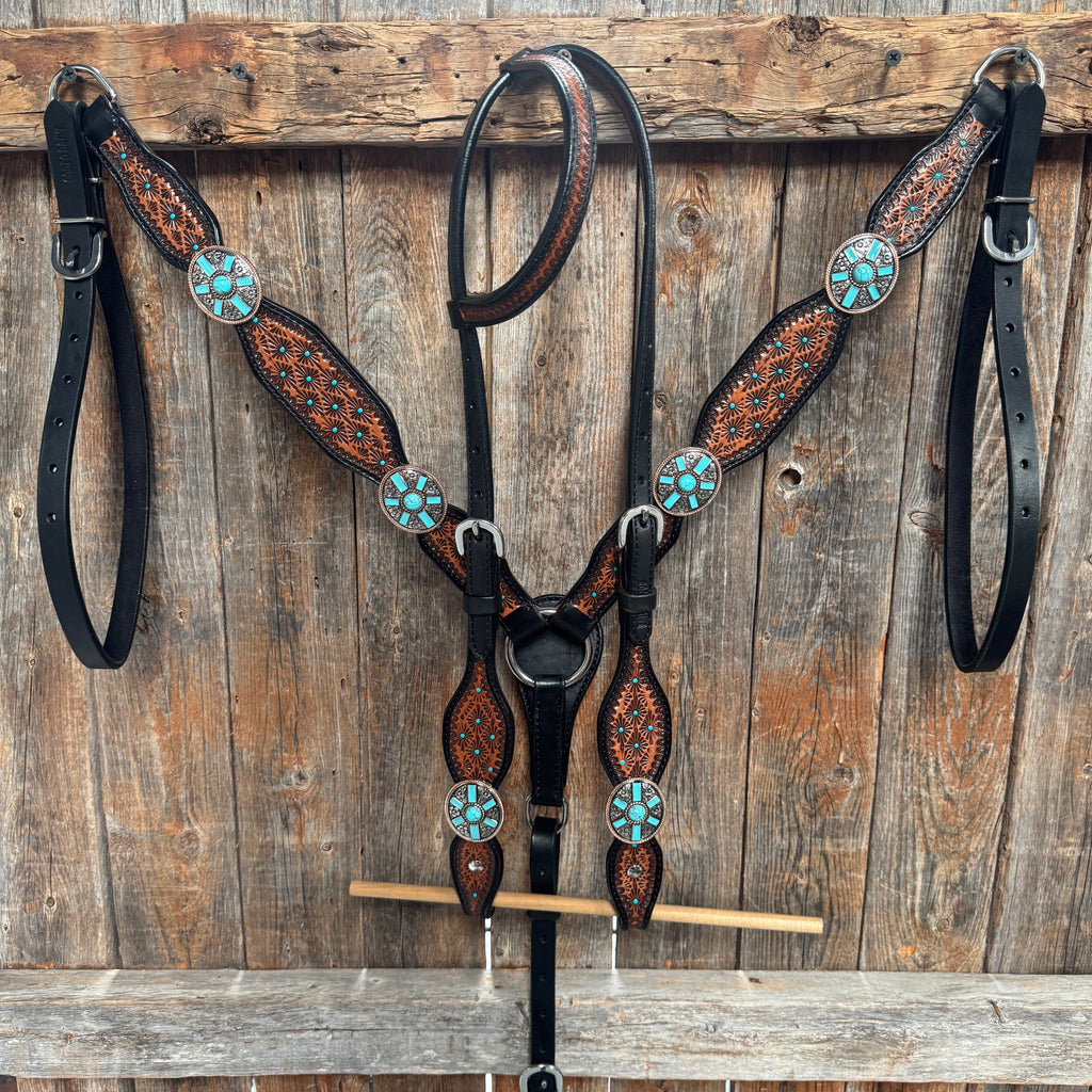 Teal Diamond and Turquoise Browband | One Ear Tack Set #BBBC521 — view 2