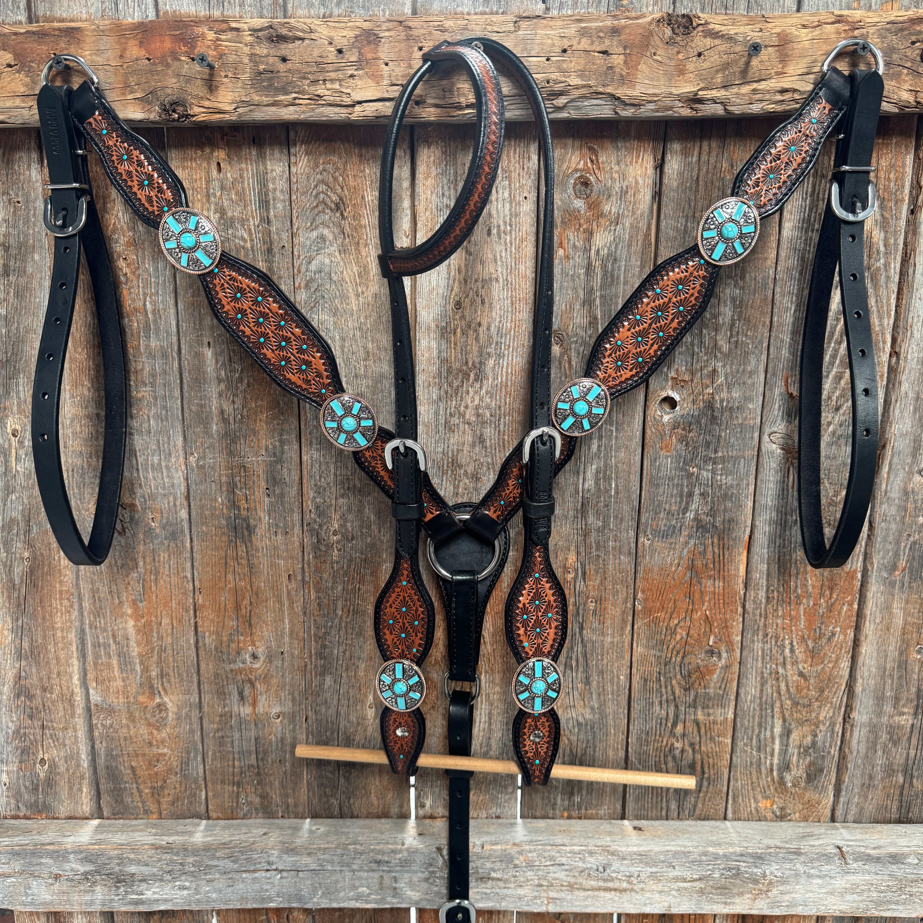 Teal Diamond and Turquoise Browband | One Ear Tack Set #BBBC521 — view 2