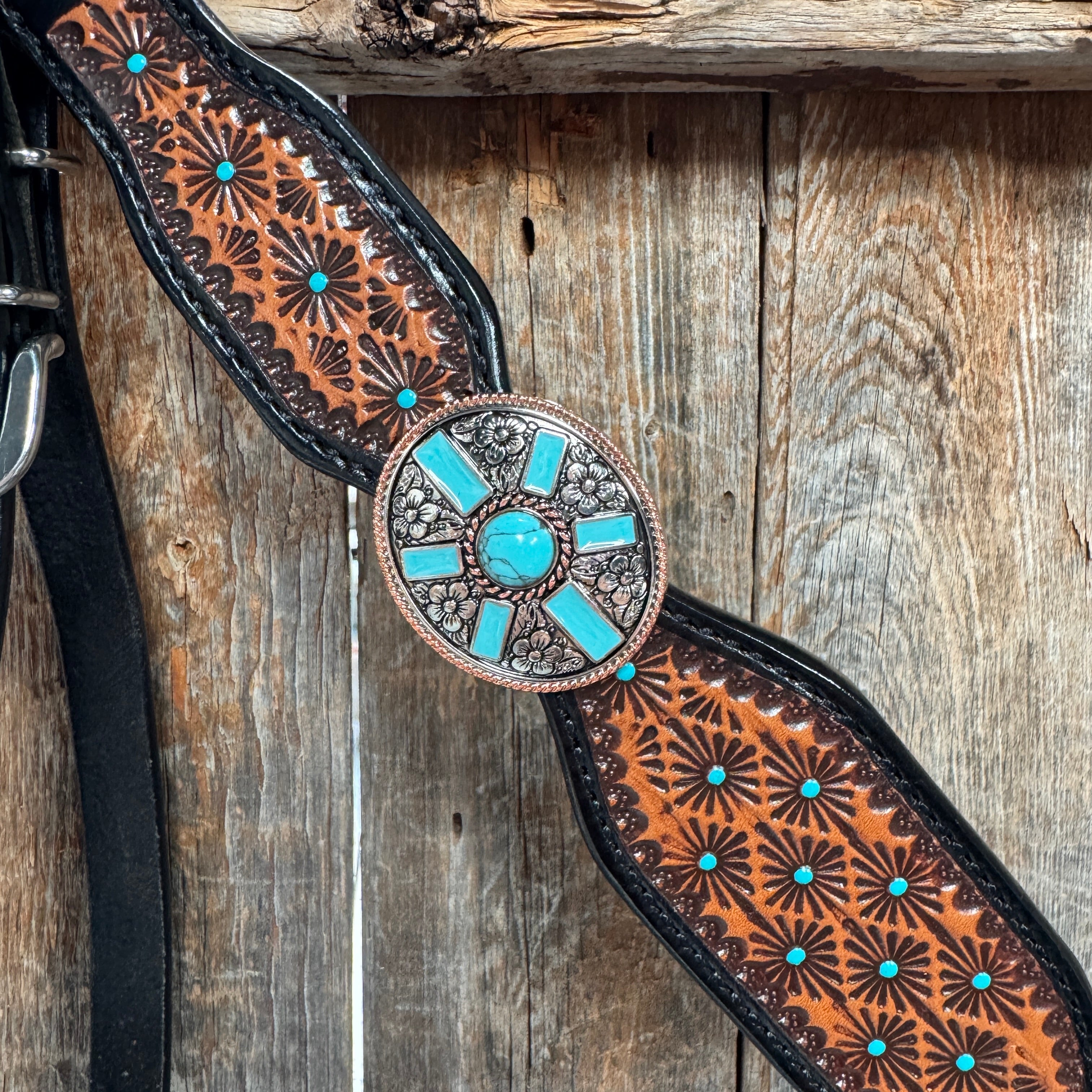 Teal Diamond and Turquoise Browband | One Ear Tack Set #BBBC521 — view 10