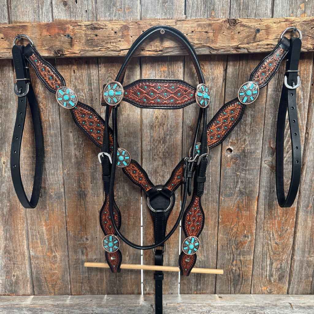 Teal Diamond and Turquoise Browband | One Ear Tack Set #BBBC521