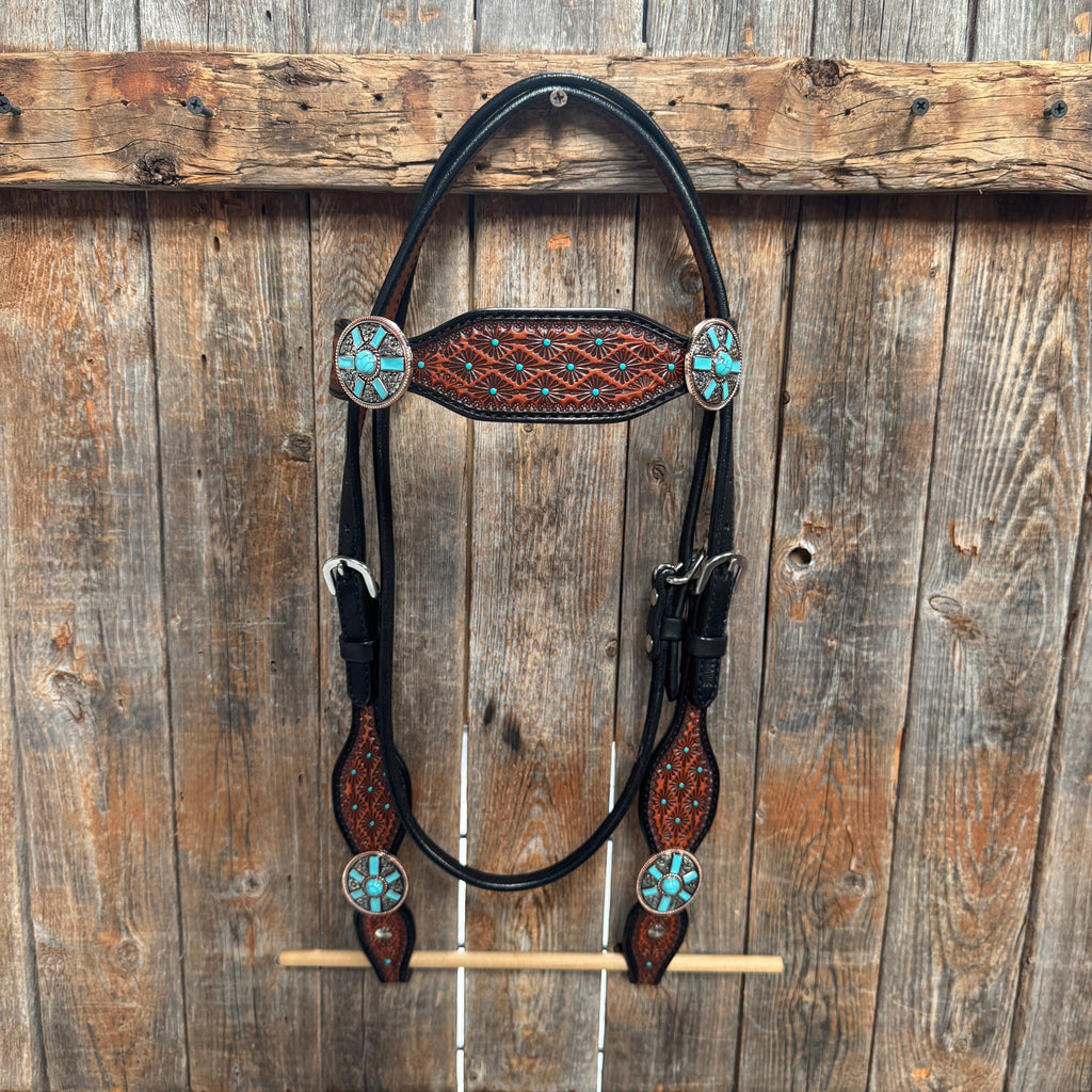 Teal Diamond and Turquoise Browband | One Ear Tack Set #BBBC521 — view 3