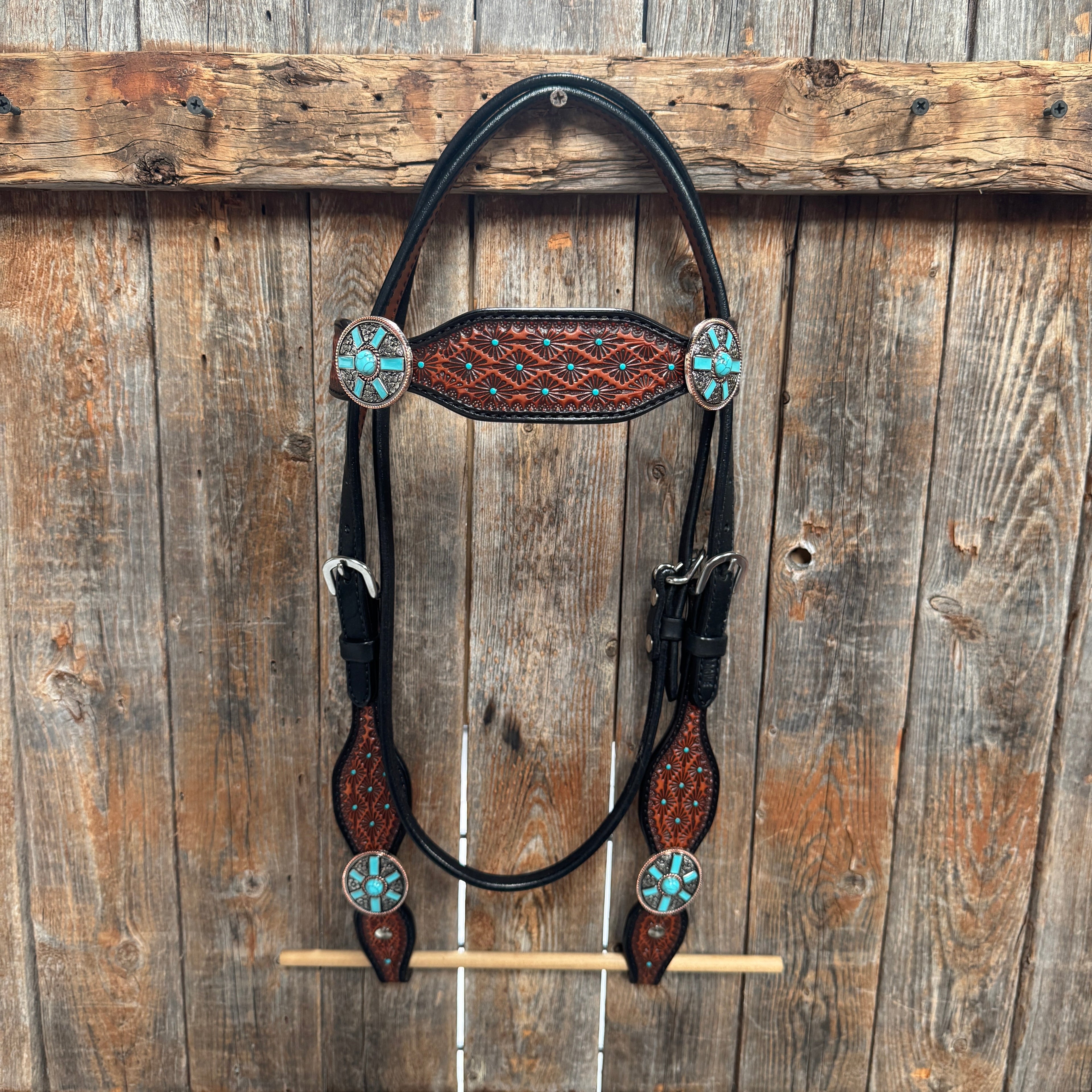 Teal Diamond and Turquoise Browband | One Ear Tack Set #BBBC521 — view 3