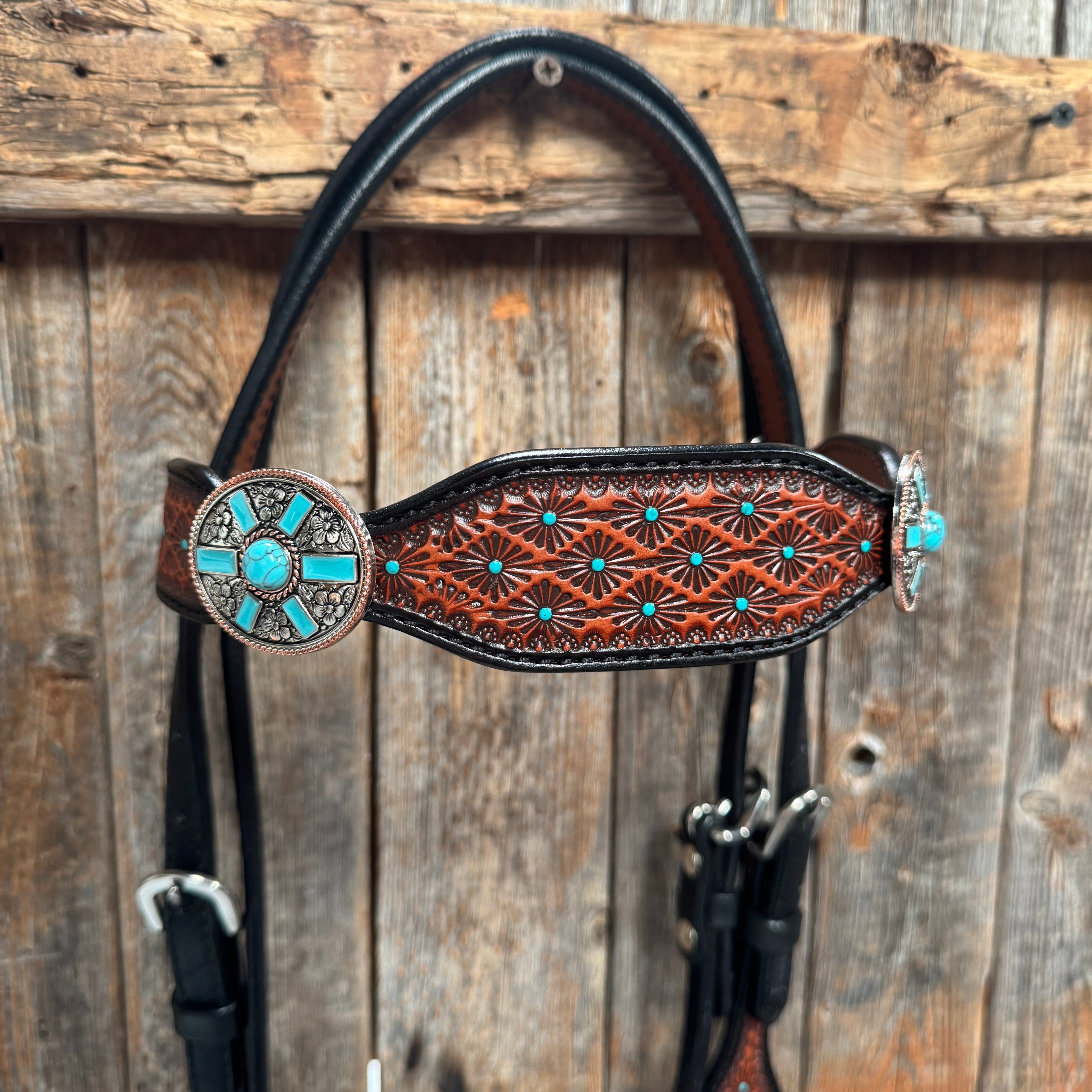 Teal Diamond and Turquoise Browband | One Ear Tack Set #BBBC521 — view 4