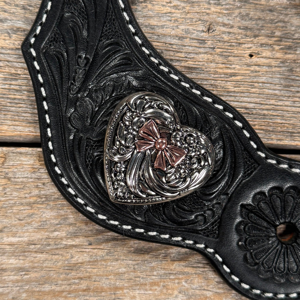 Black Floral Spur Straps | Antique Silver and Copper Hearts #SS144 — view 2
