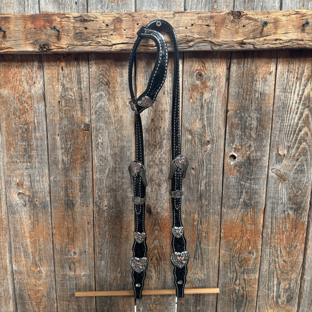Black Floral Antique Silver and Copper Heart Browband | One Ear Tack Set #BBBC515 — view 5