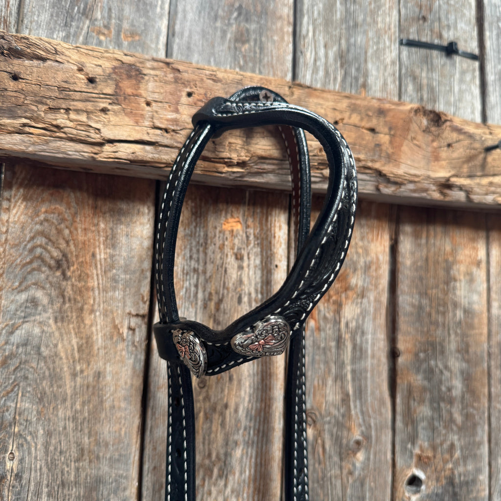 Black Floral Antique Silver and Copper Heart Browband | One Ear Tack Set #BBBC515 — view 6
