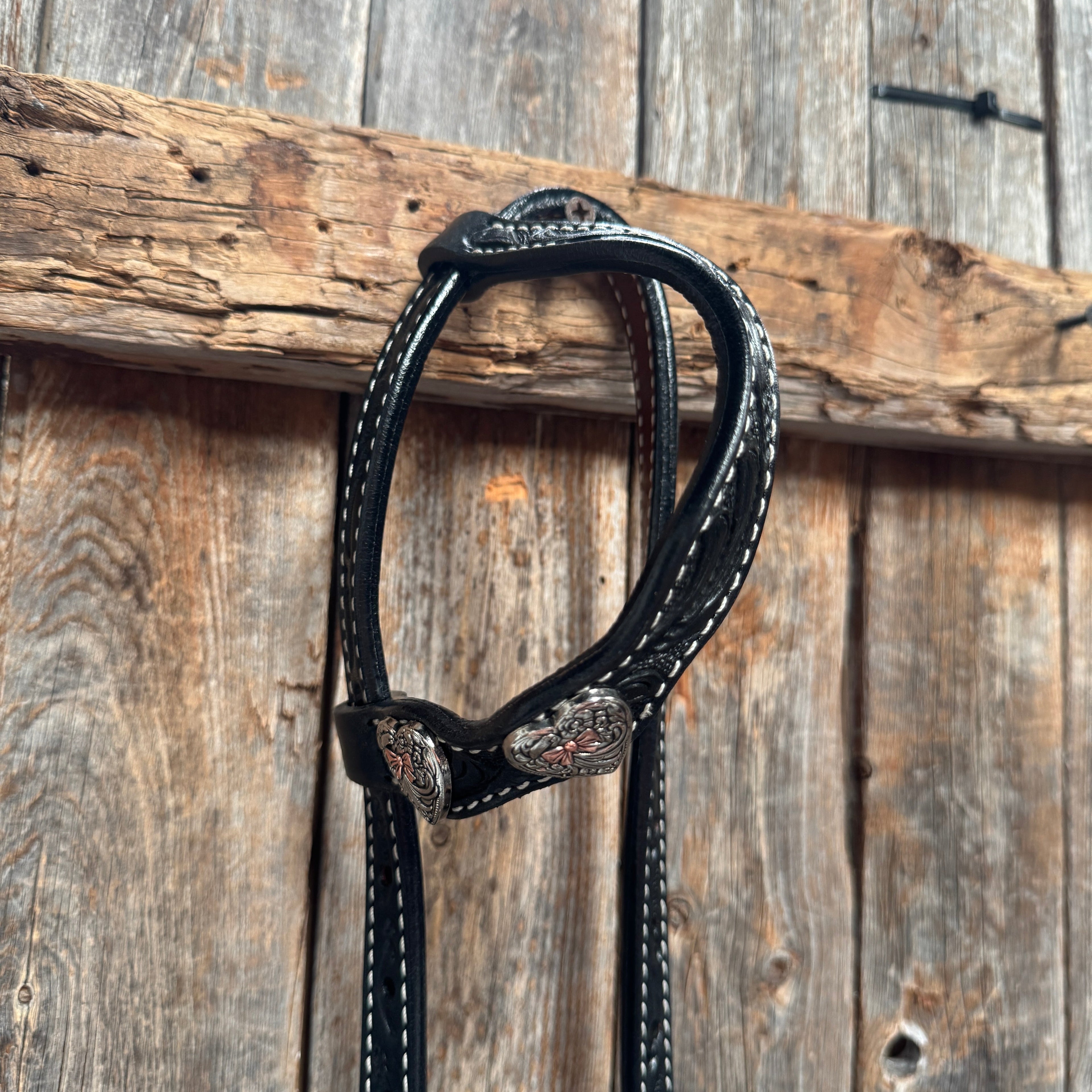 Black Floral Antique Silver and Copper Heart Browband | One Ear Tack Set #BBBC515 — view 6