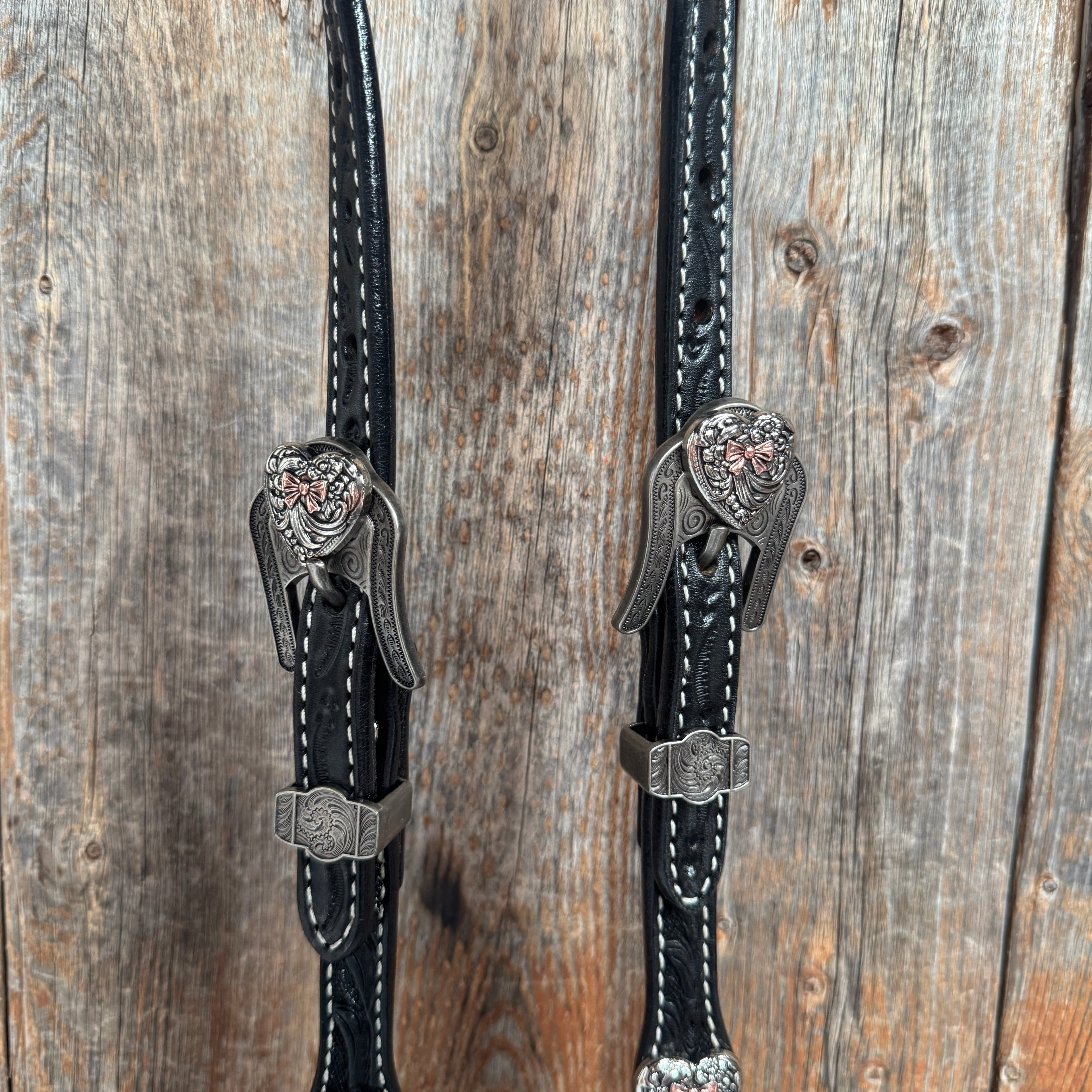Black Floral Antique Silver and Copper Heart Browband | One Ear Tack Set #BBBC515 — view 7