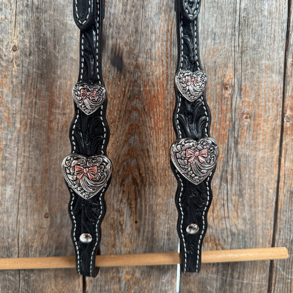 Black Floral Antique Silver and Copper Heart Browband | One Ear Tack Set #BBBC515 — view 8