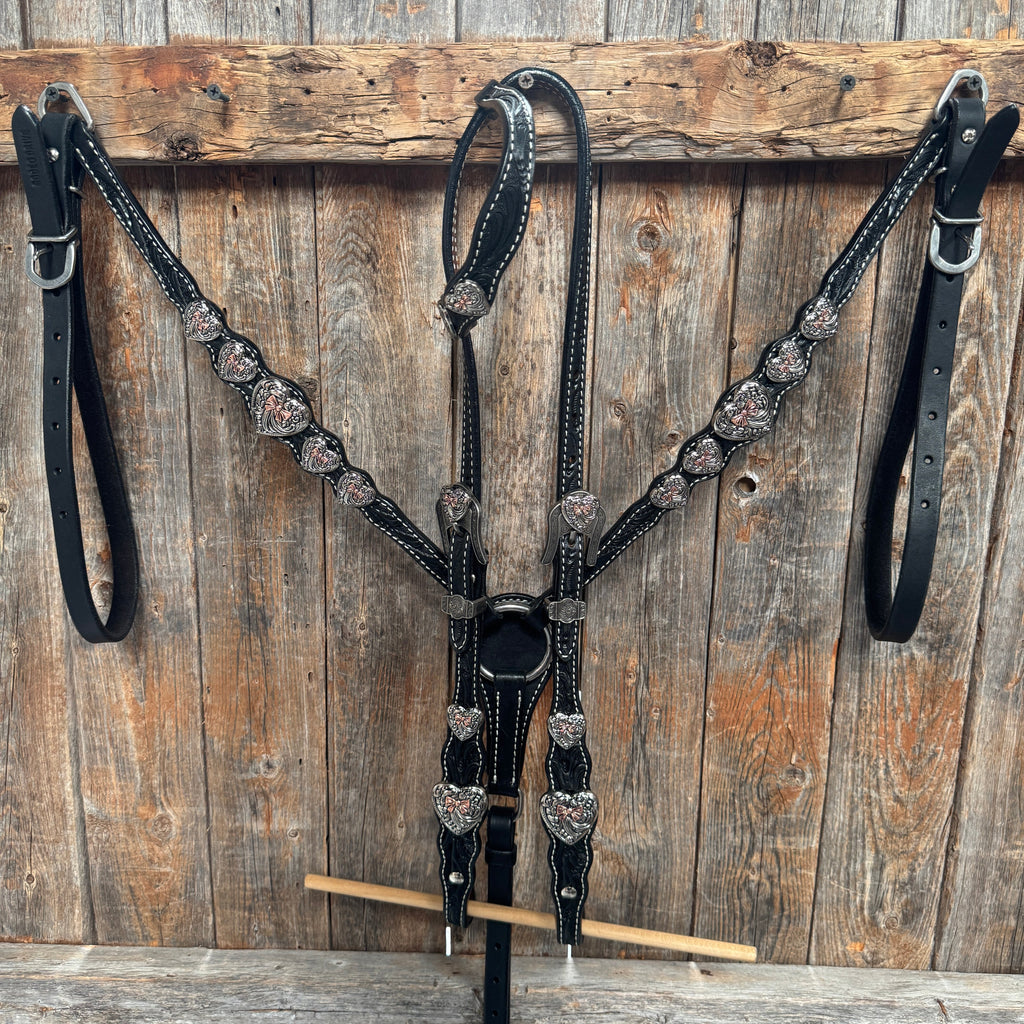 Black Floral Antique Silver and Copper Heart Browband | One Ear Tack Set #BBBC515 — view 2