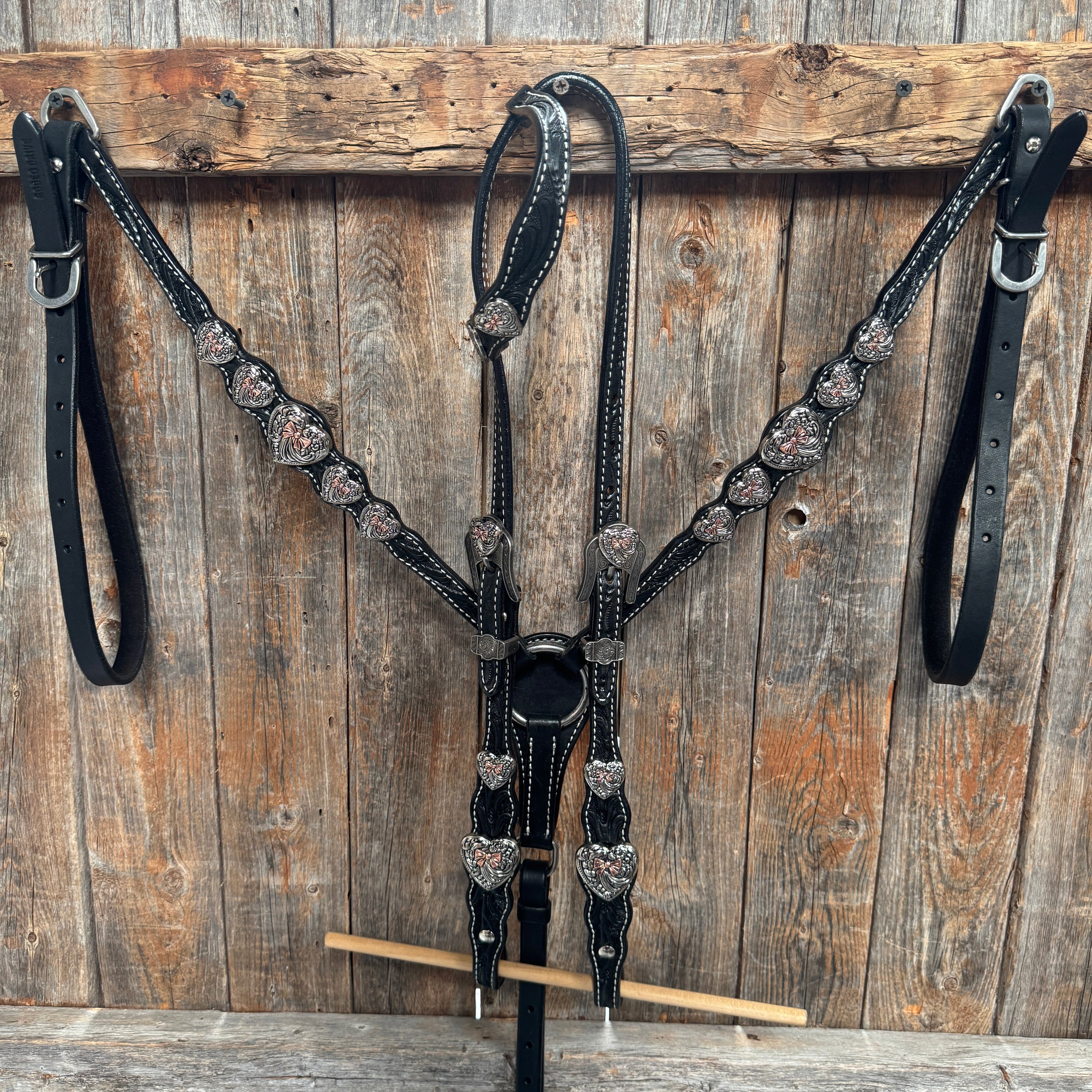 Black Floral Antique Silver and Copper Heart Browband | One Ear Tack Set #BBBC515 — view 2