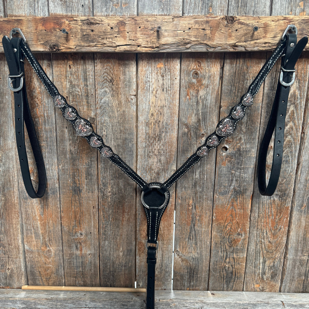 Black Floral Antique Silver and Copper Heart Browband | One Ear Tack Set #BBBC515 — view 9