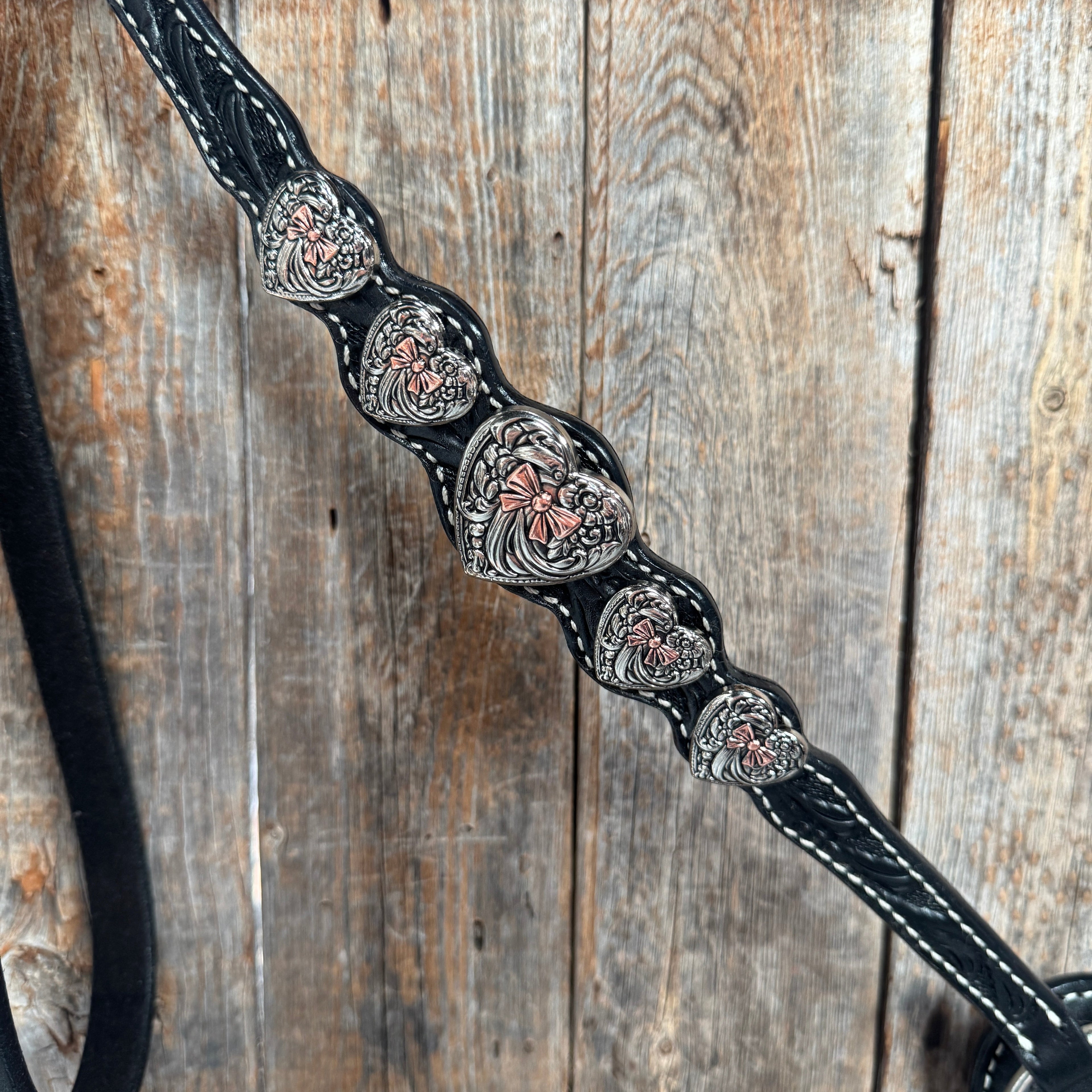 Black Floral Antique Silver and Copper Heart Browband | One Ear Tack Set #BBBC515 — view 10