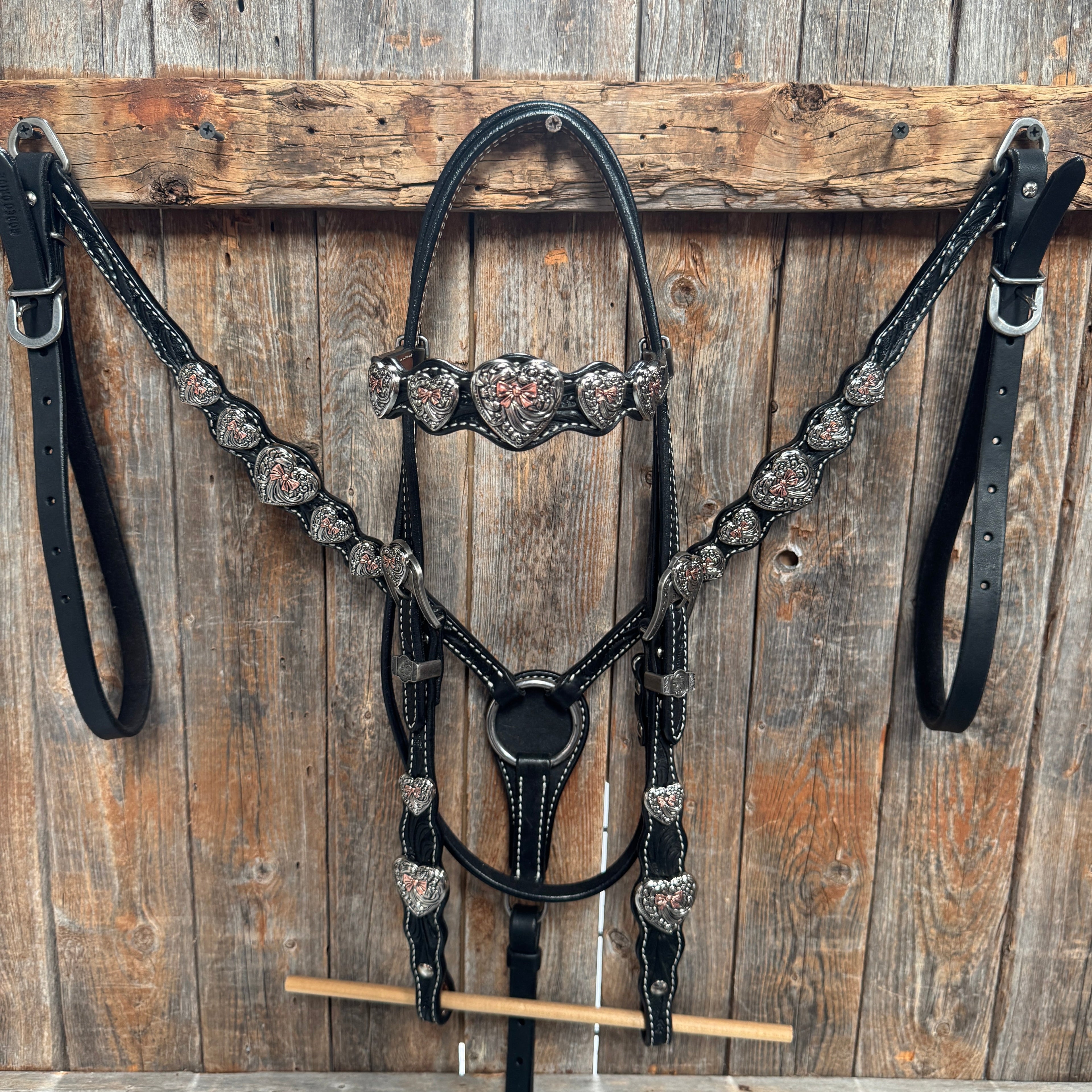 Black Floral Antique Silver and Copper Heart Browband | One Ear Tack Set #BBBC515