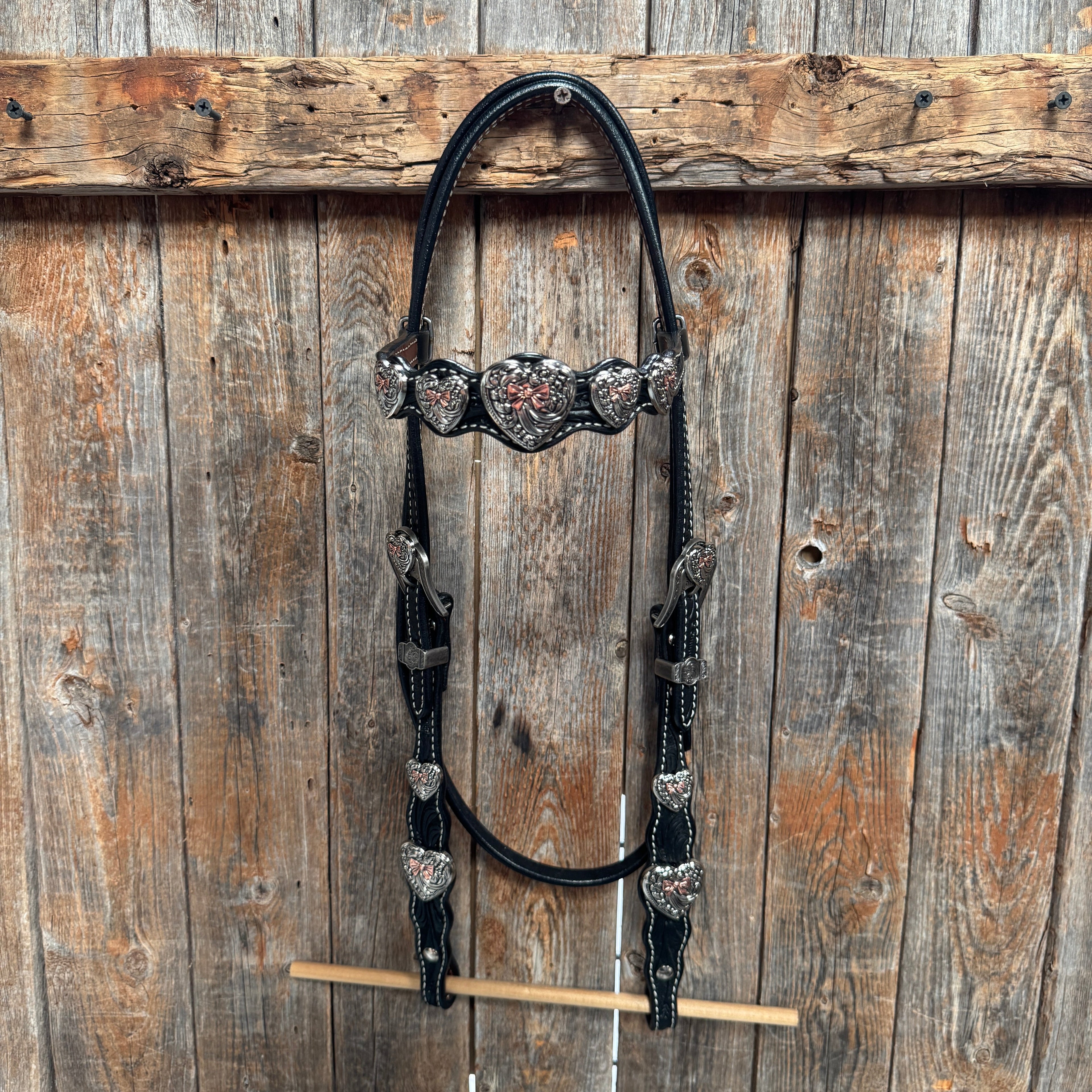 Black Floral Antique Silver and Copper Heart Browband | One Ear Tack Set #BBBC515 — view 3
