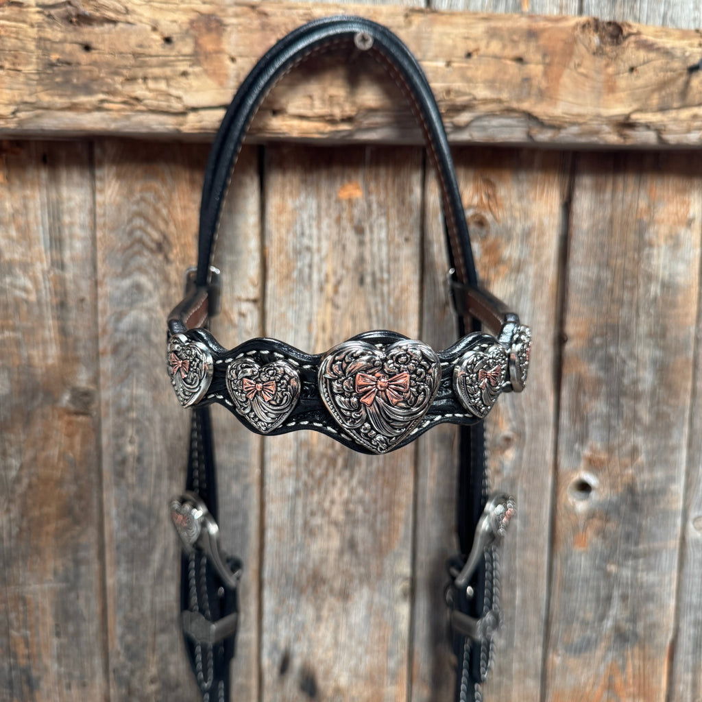 Black Floral Antique Silver and Copper Heart Browband | One Ear Tack Set #BBBC515 — view 4